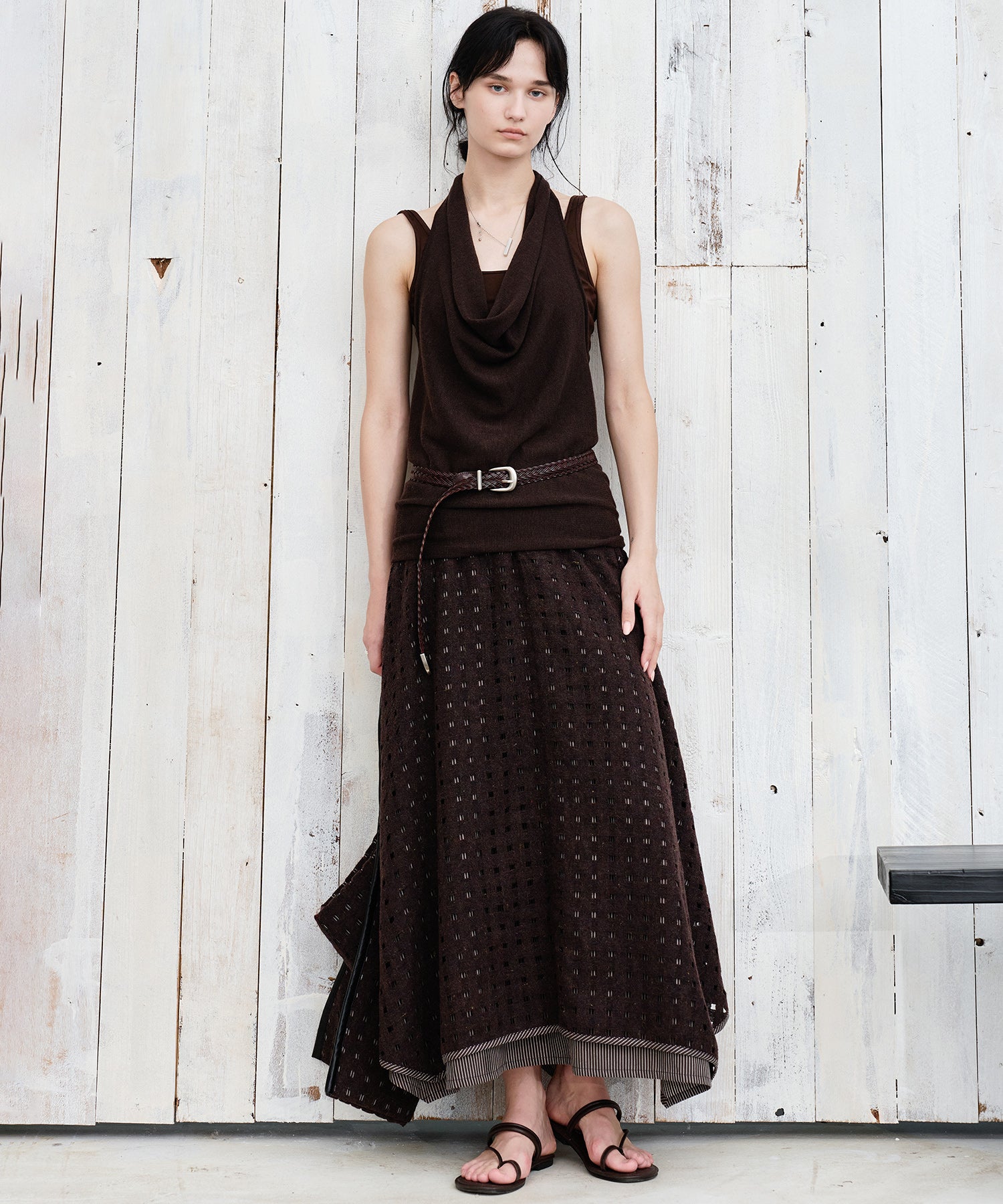 Cut-Out Layered High-Waist A-Line Midi Flare Skirt