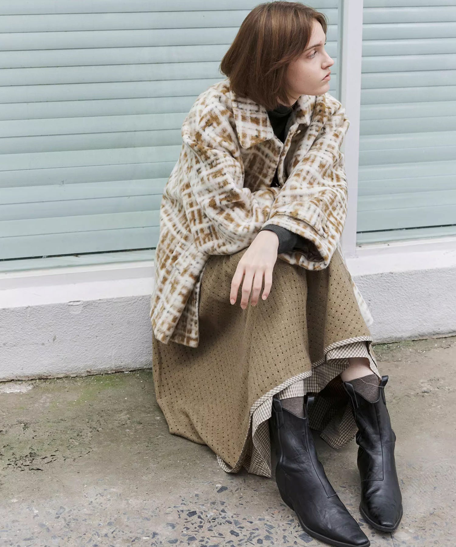 Hazy Plaid Tailored Wool Short Over-coat