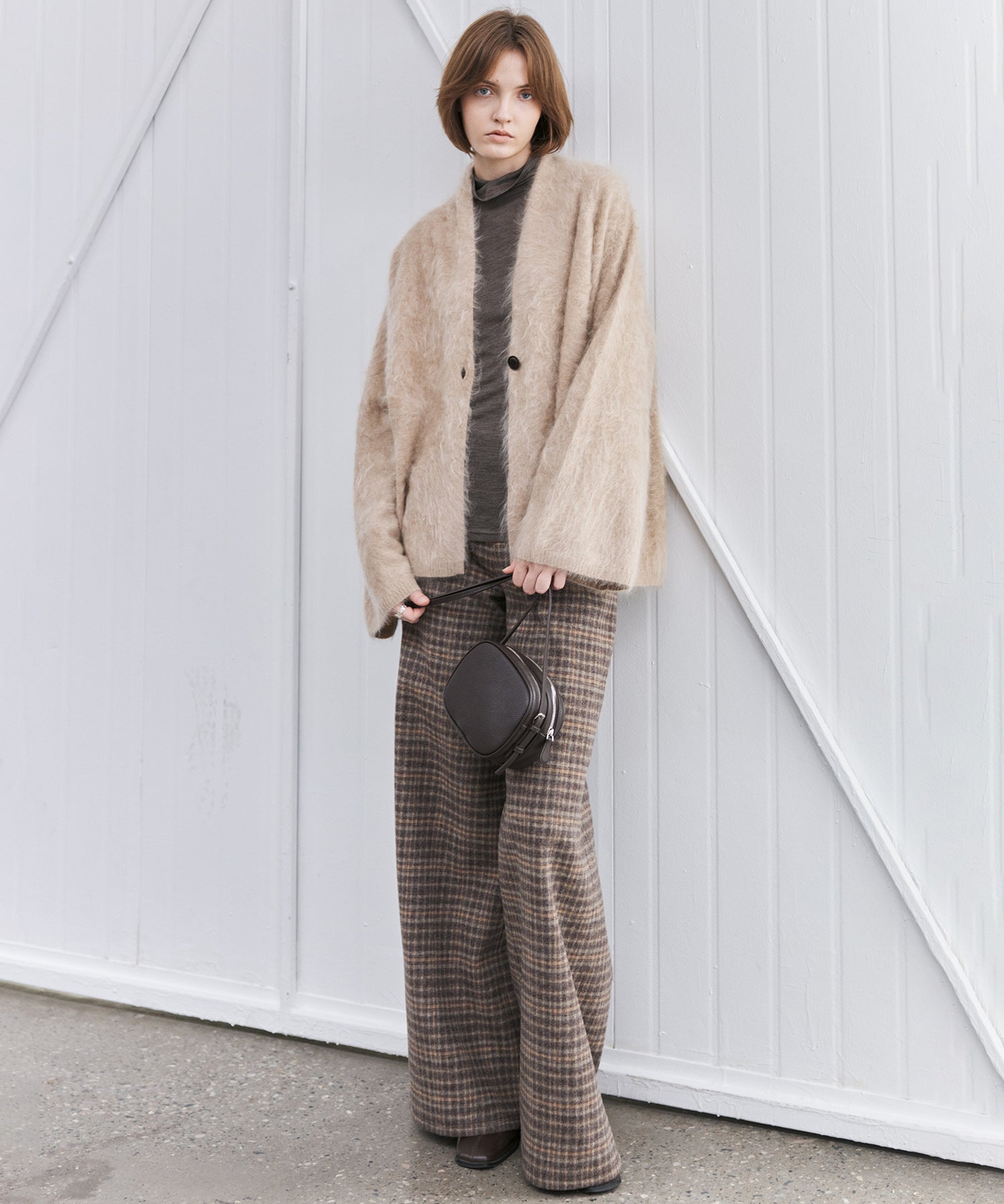 Wool Blend Yarn-Dyed Vintage Check Brushed Wide-Leg Pants