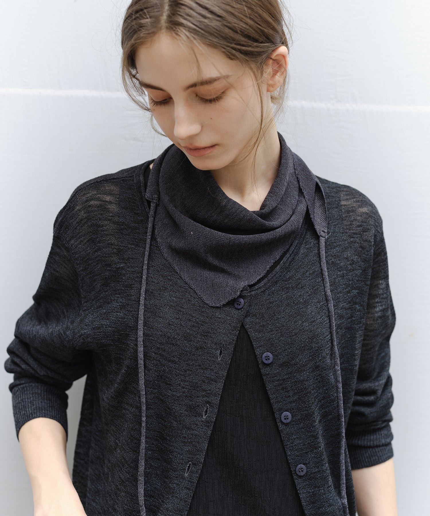 "Ships early March" Sheer Slub Yarn Crewneck Cardigan Set (with Scarf)