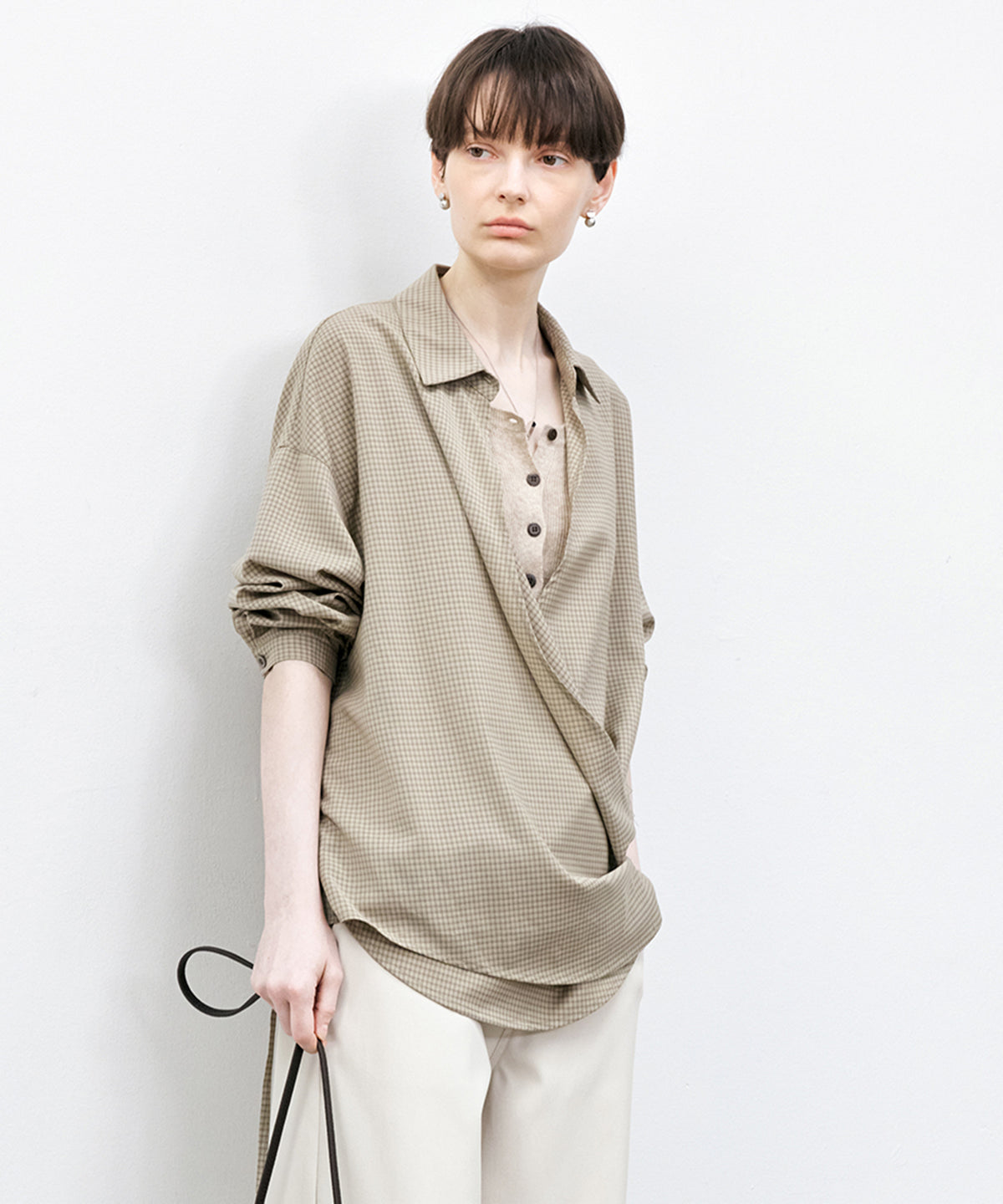 Wrap-Front Waist Tie Design Shirt