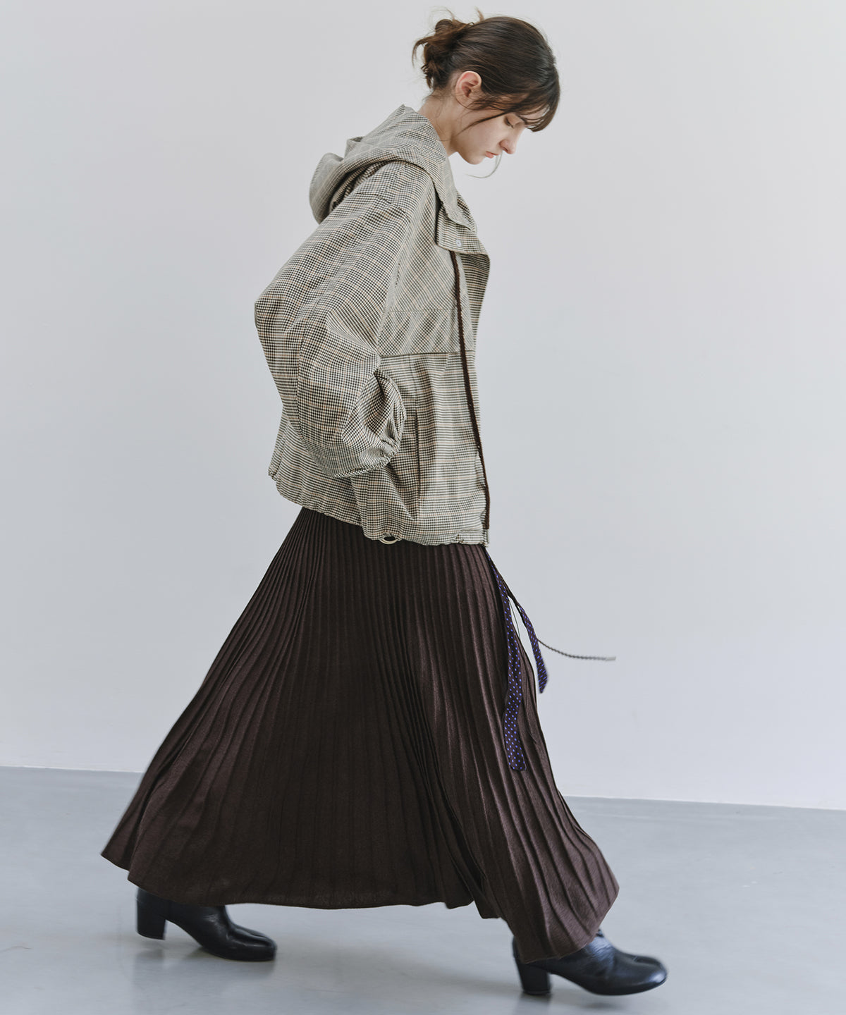 「10月下旬出荷予定」Checked Drawstring Hooded Short Jacket