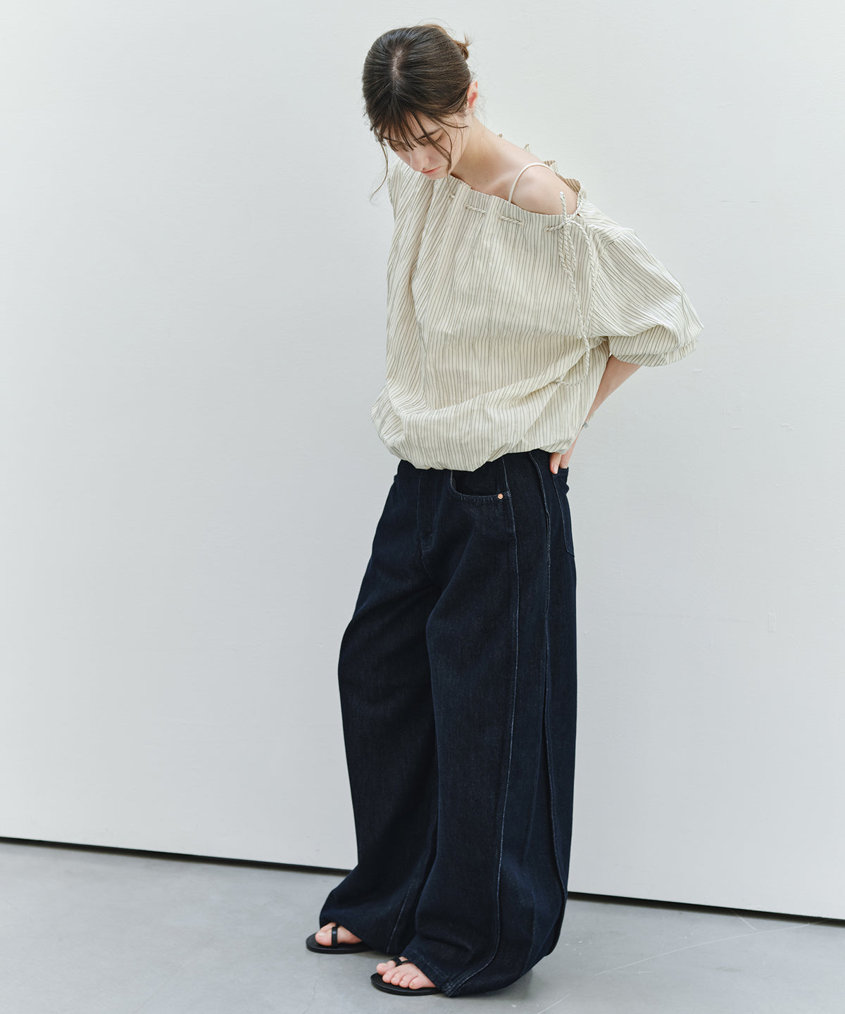 Asymmetric Off-Shoulder Drawstring Stripe Blouse