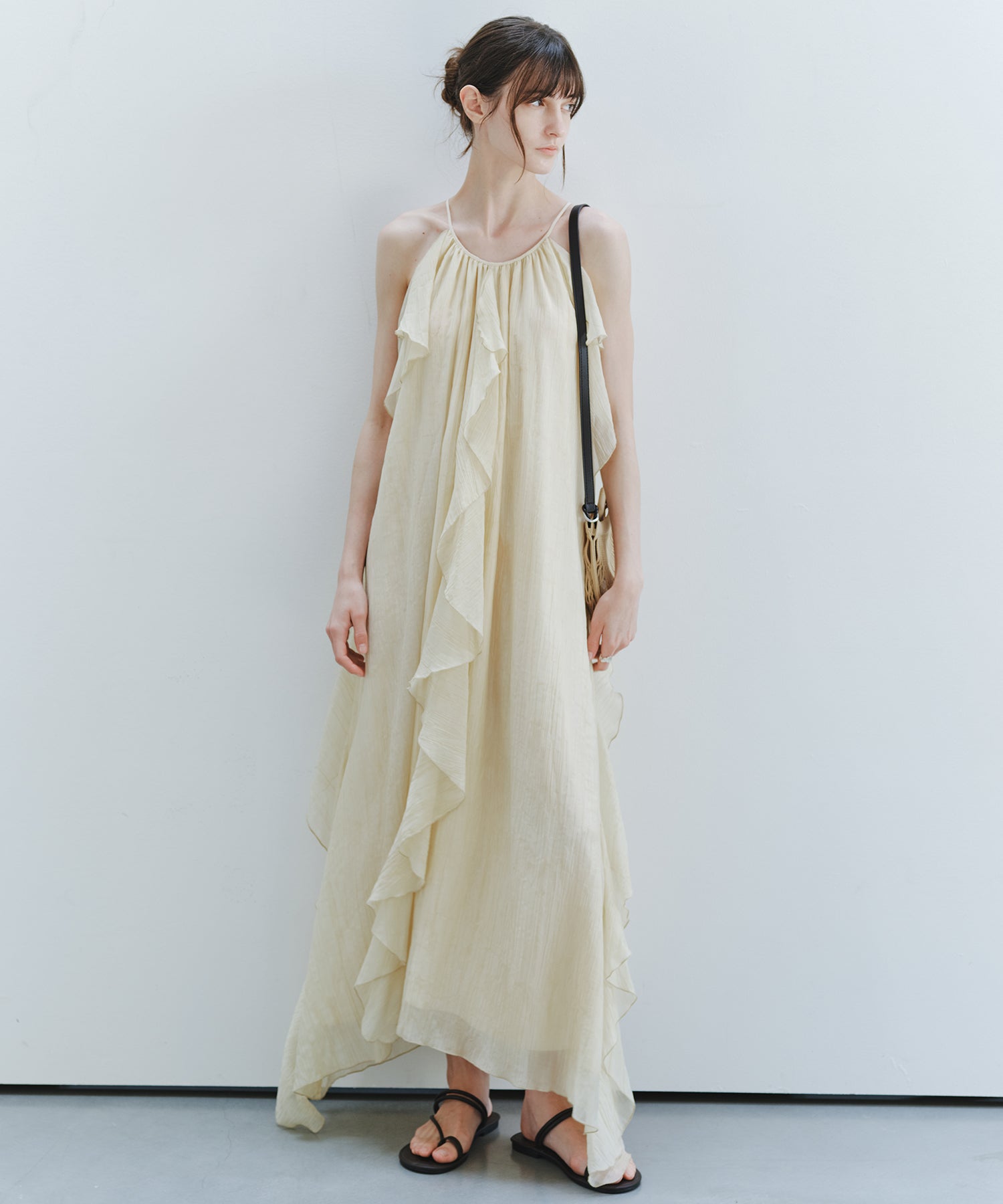 「7月中旬~下旬出荷」Sheer Ruffle Asymmetric Cami Dress