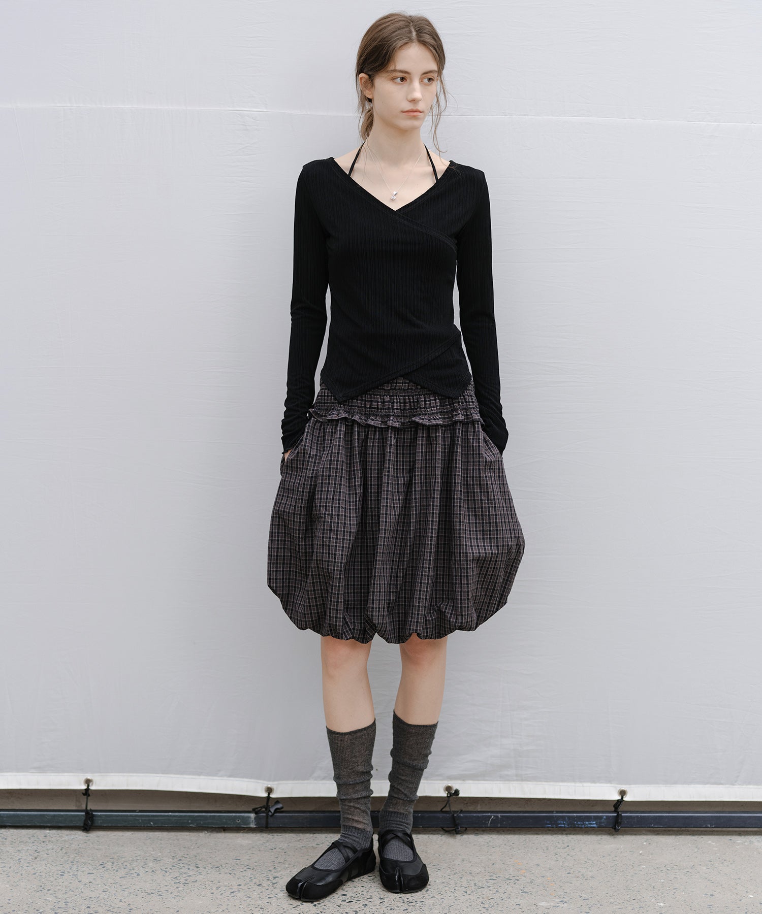 "Shipping from late February to early March" 2-way Smocked Check Bubble Skirt