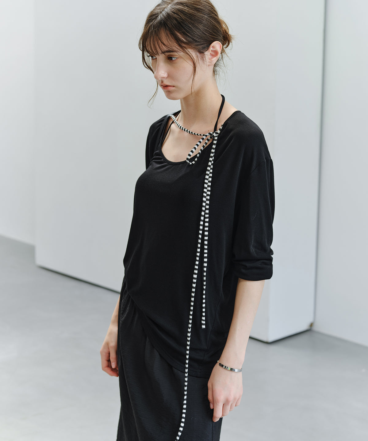 「9月下旬出荷予定」Striped Cord U-Neck Draped Top