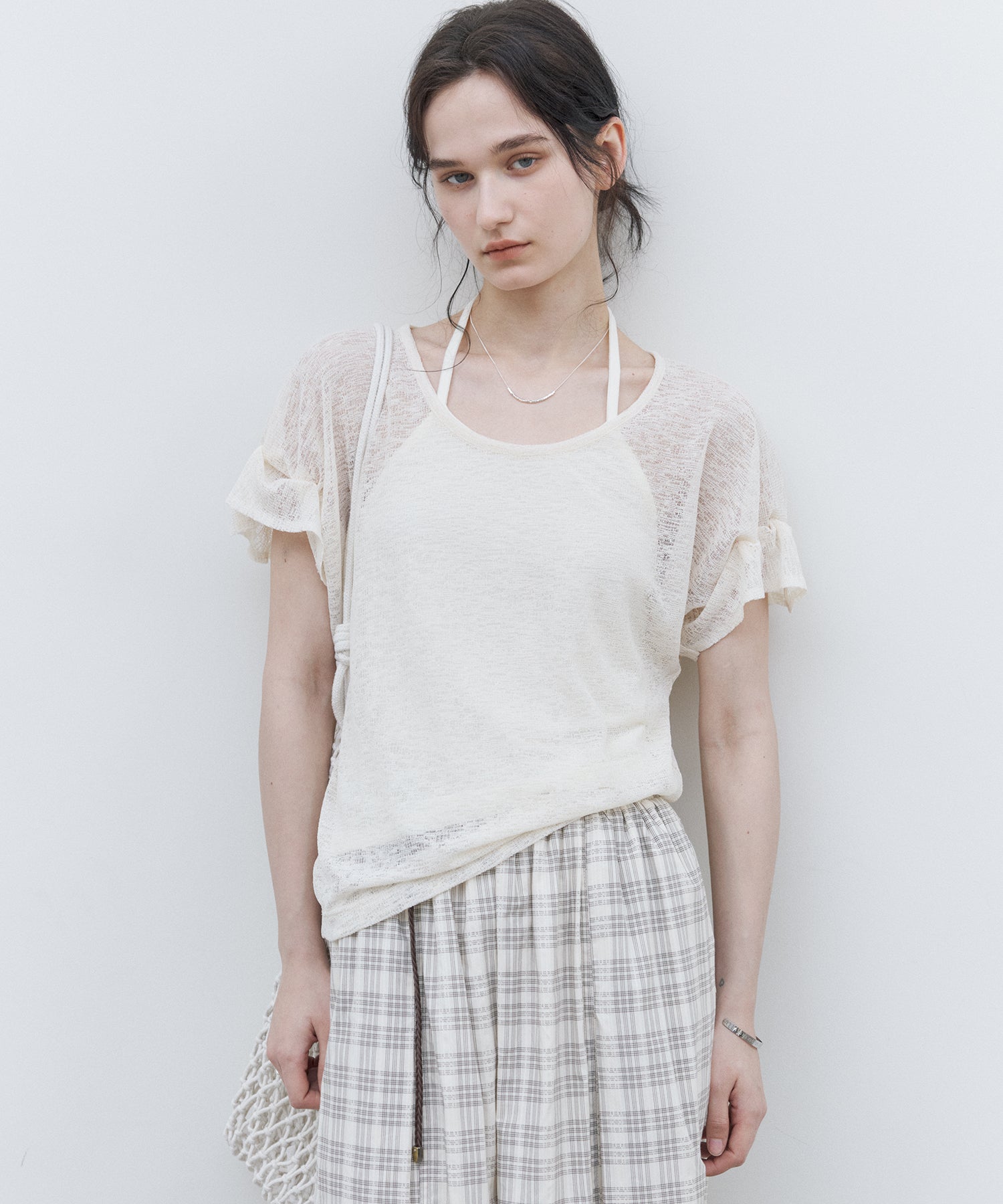 Sheer Gathered Sleeve T-Shirt