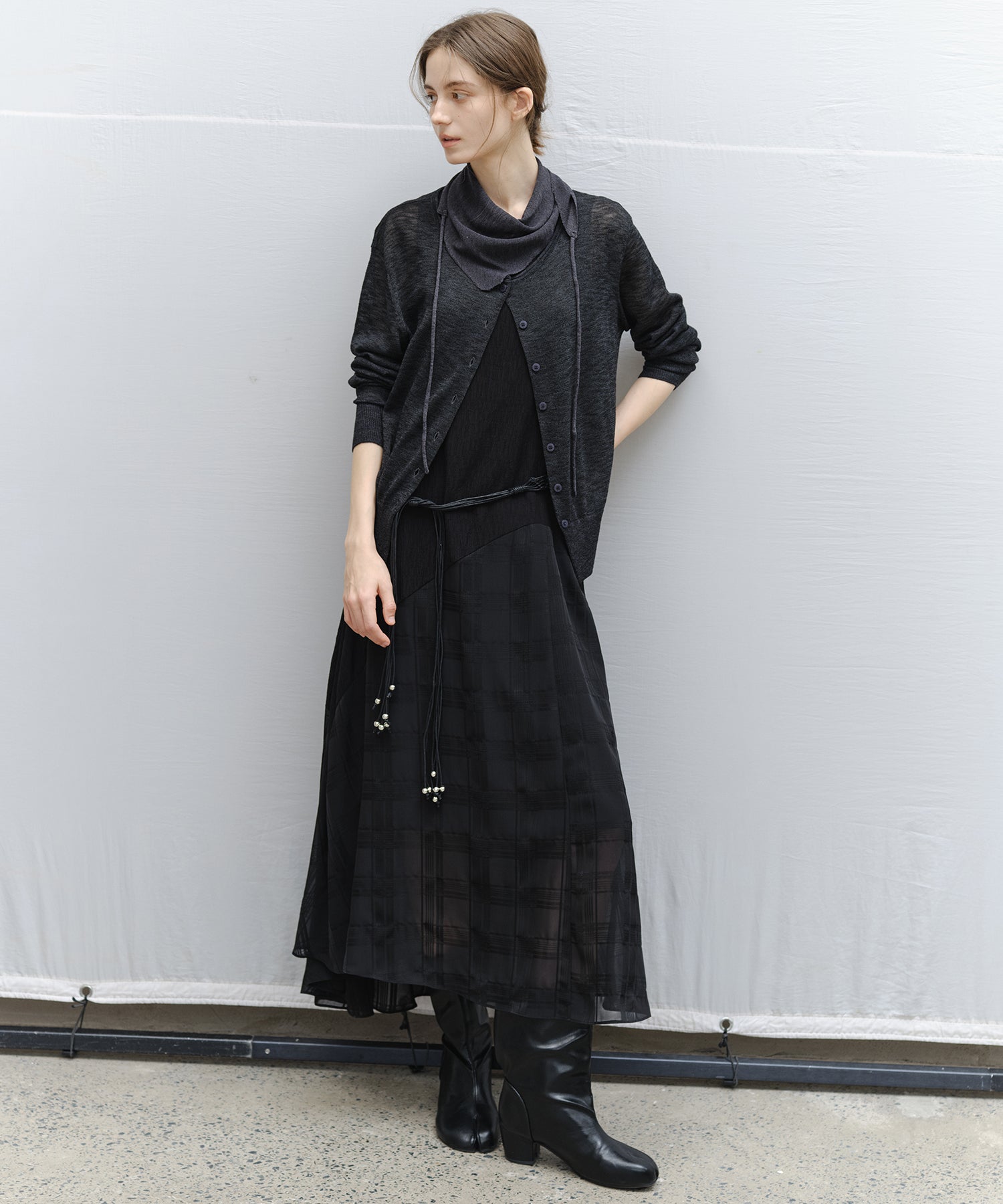 "Ships early March" Sheer Slub Yarn Crewneck Cardigan Set (with Scarf)