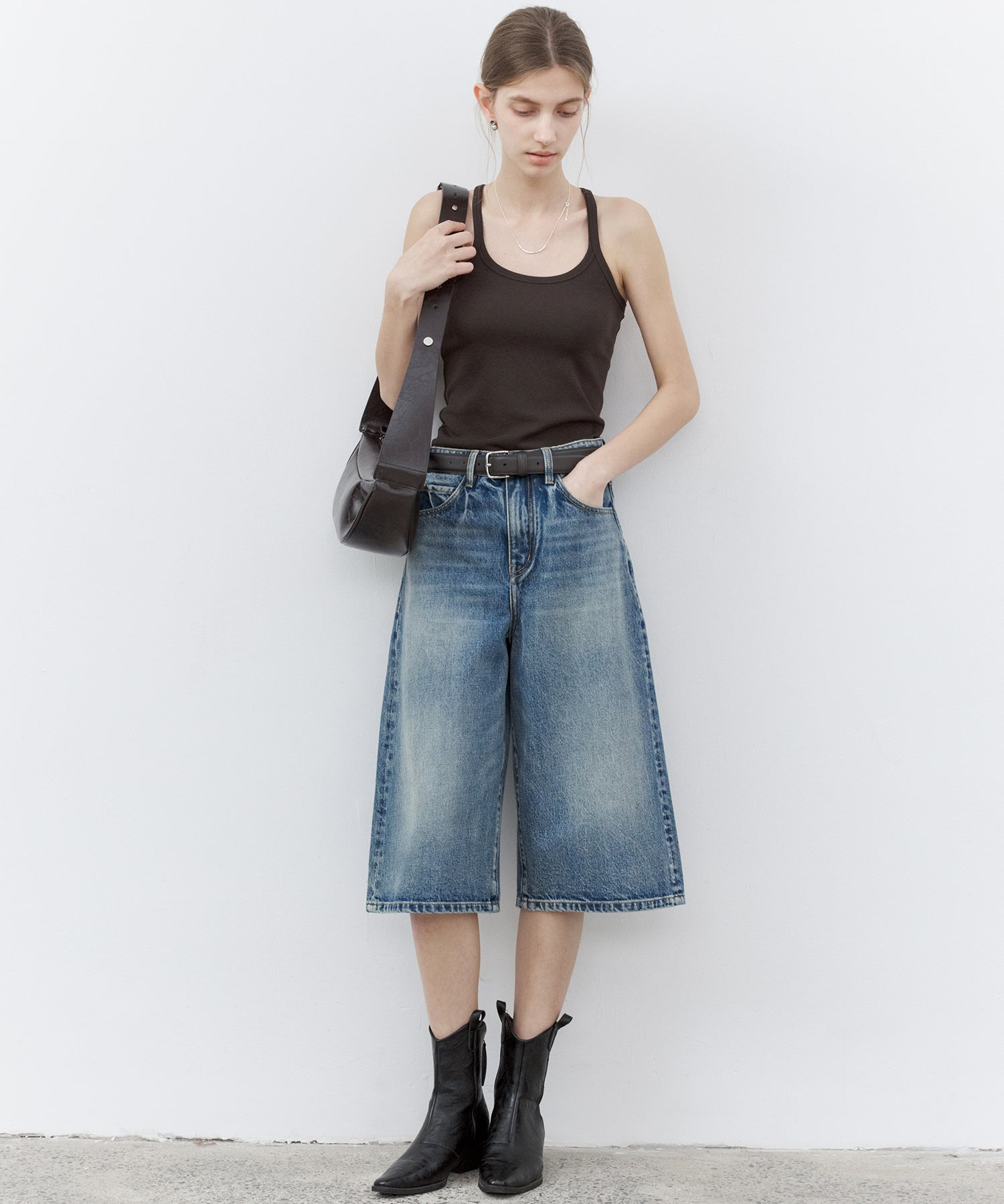 Washed Wide-Leg Denim Shorts