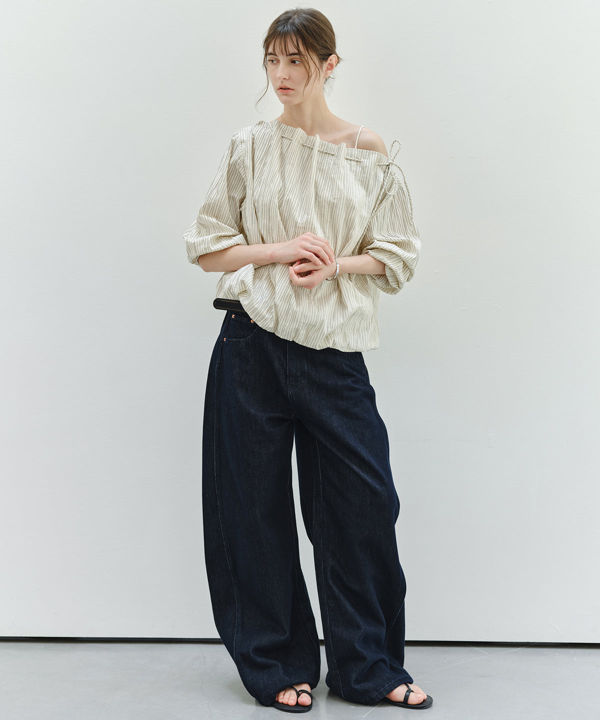 Asymmetric Off-Shoulder Drawstring Stripe Blouse