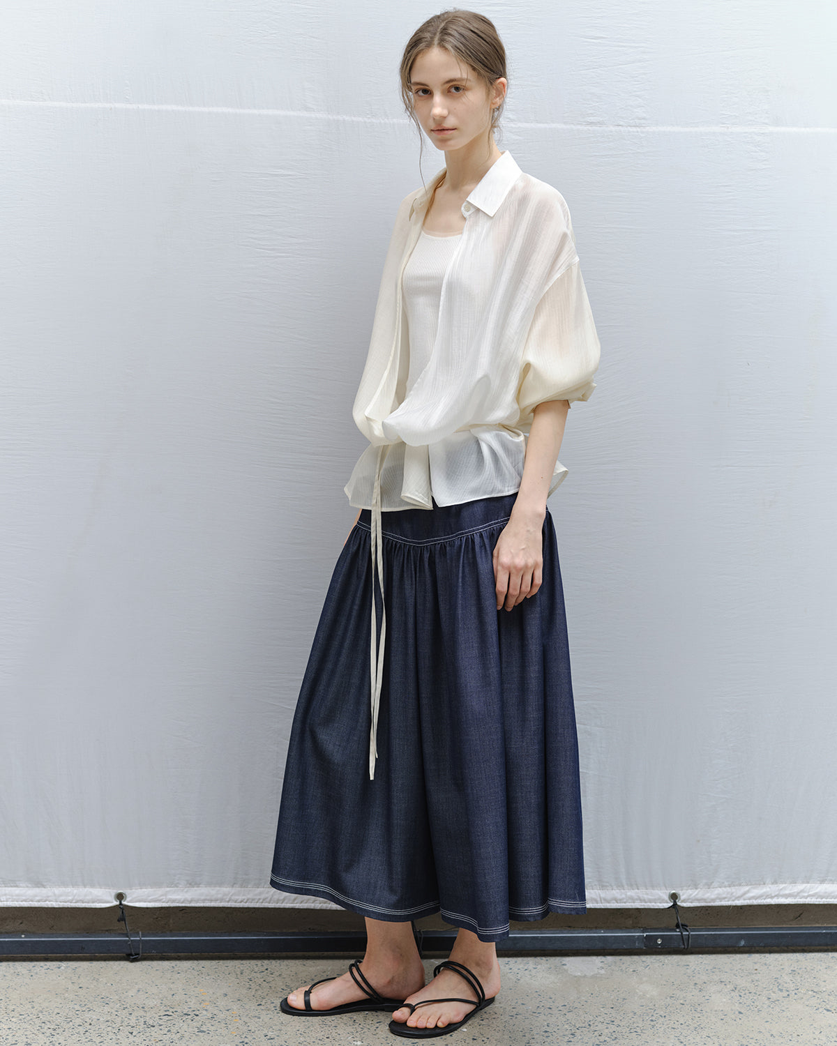 Bi-color Asymmetric Neck Sheer Shirt