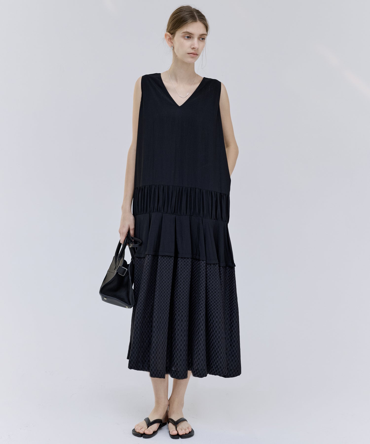 Mixed-Material Gathered V-Neck Flare Dress