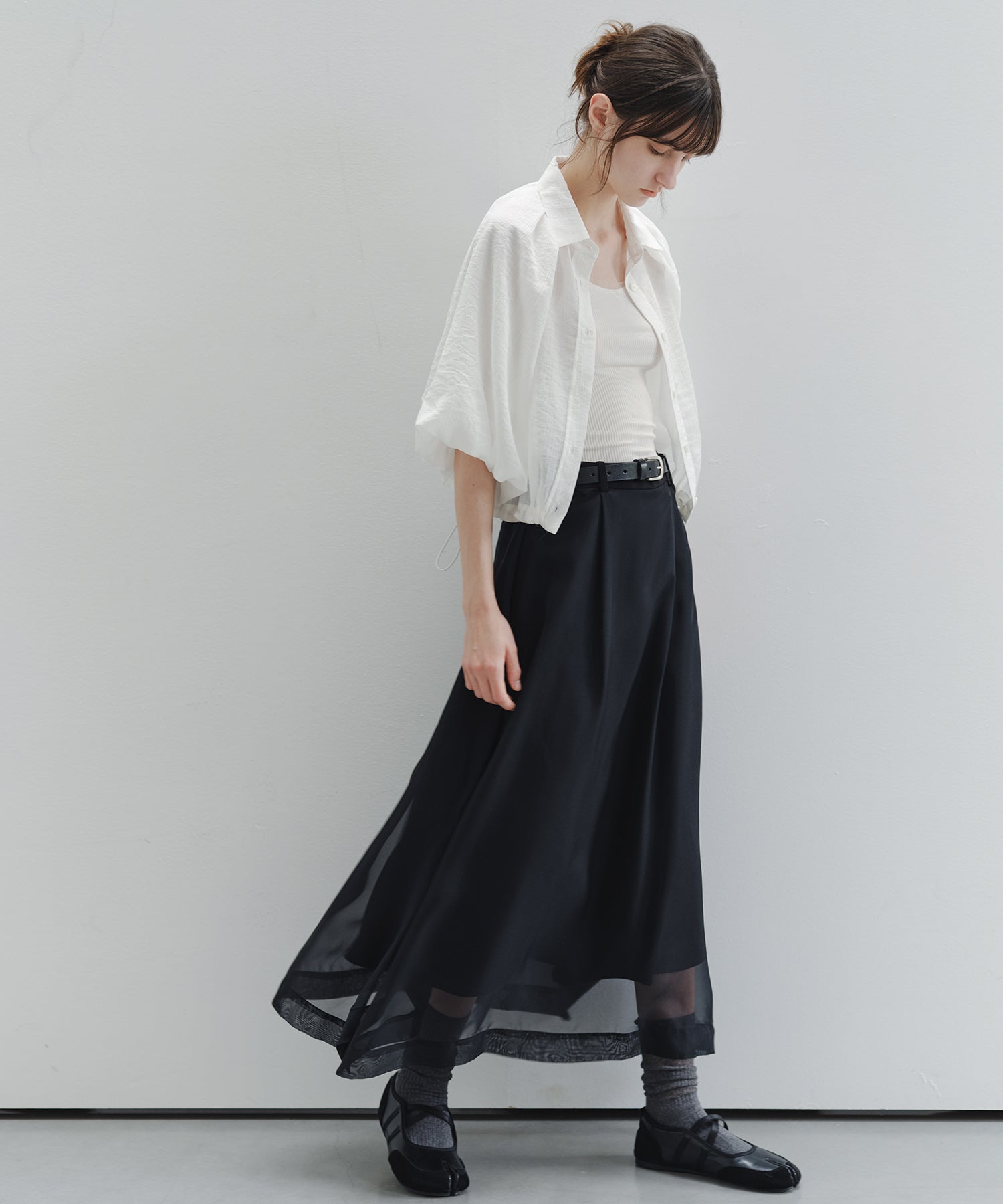 「7月上旬~中旬出荷」Sheer Stripe Balloon Sleeve Cropped Shirt