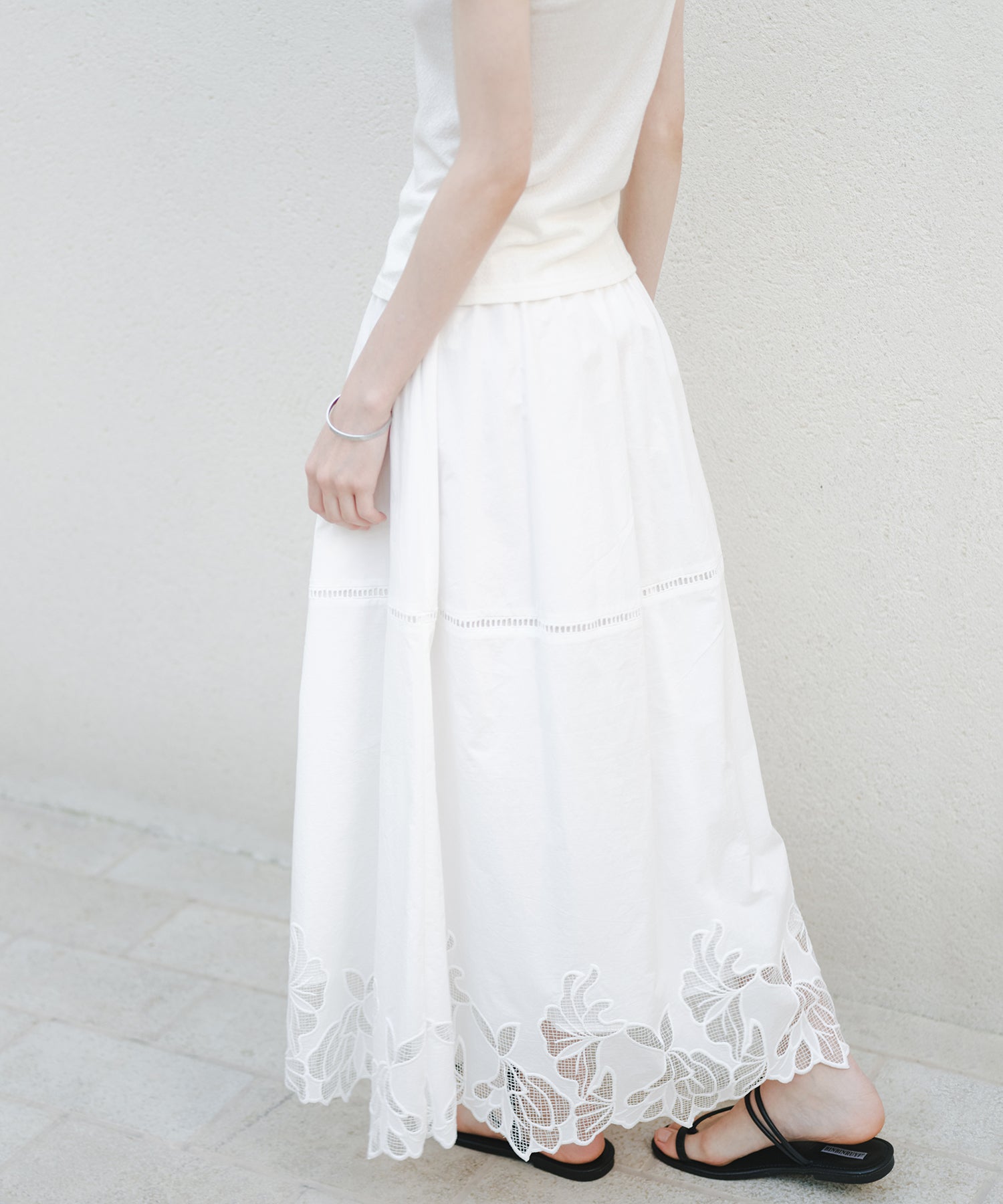 「8月中旬~下旬出荷」Cutwork Embroidery Drawstring Long Skirt
