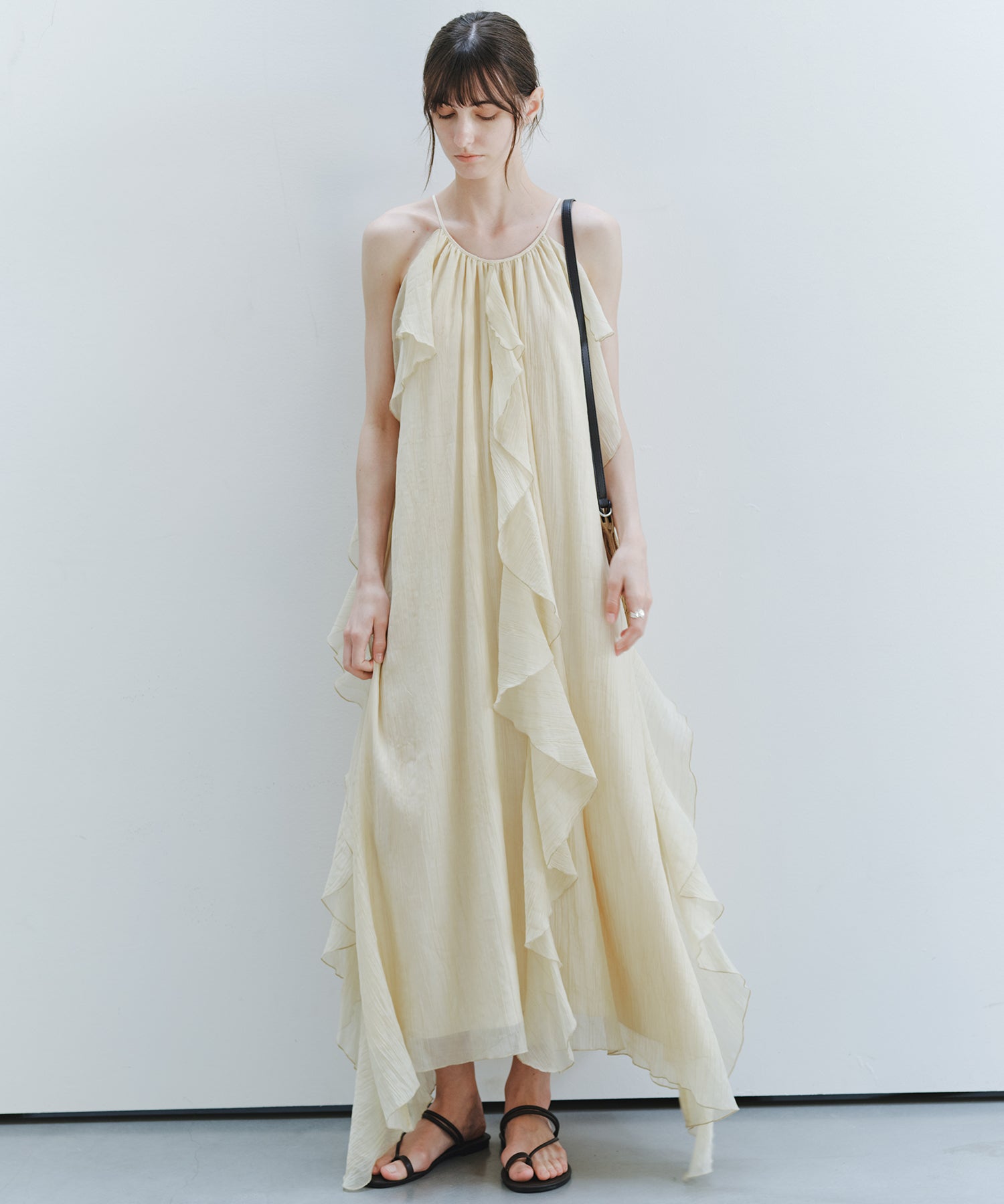 「7月中旬~下旬出荷」Sheer Ruffle Asymmetric Cami Dress