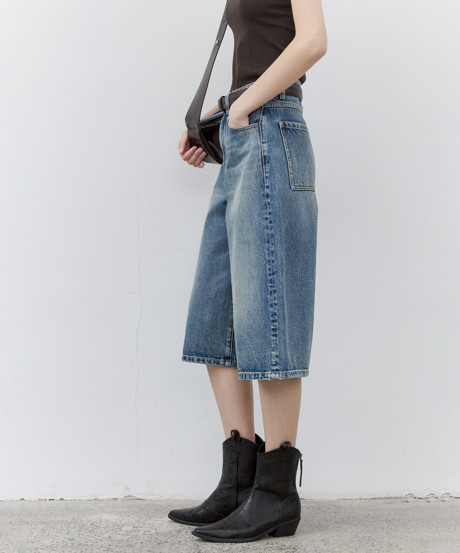 Washed Wide-Leg Denim Shorts