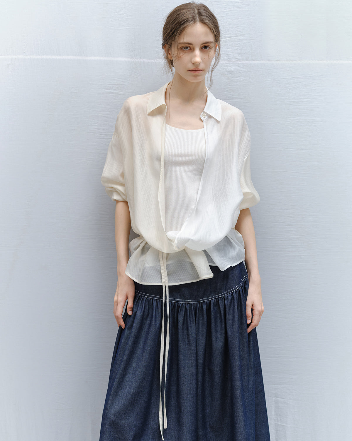 Bi-color Asymmetric Neck Sheer Shirt