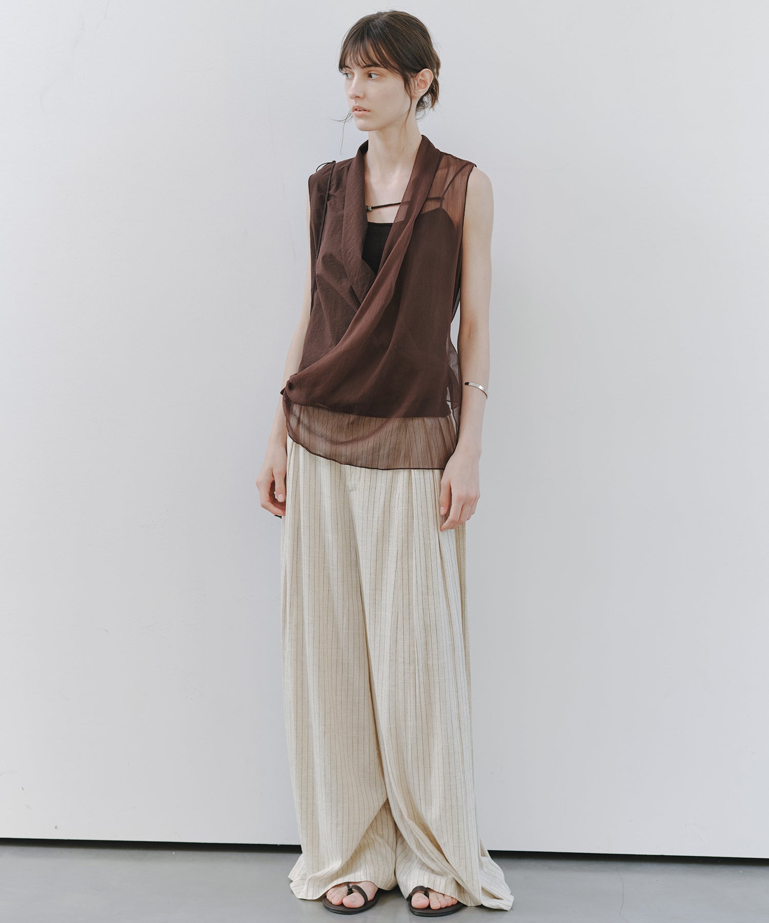 「7月中旬~下旬出荷」Linen Blend Striped Pleated Wide Pants