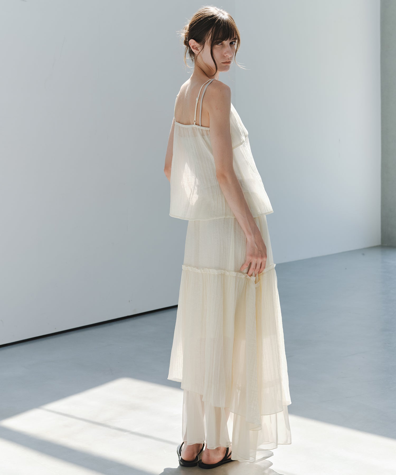 「7月上旬~中旬出荷」Sheer Panel Tiered Flare Skirt