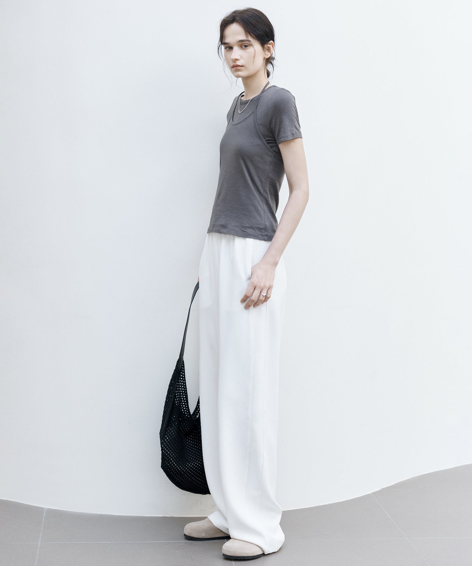 Slimming Solid Color Tee Set with Halter Detail