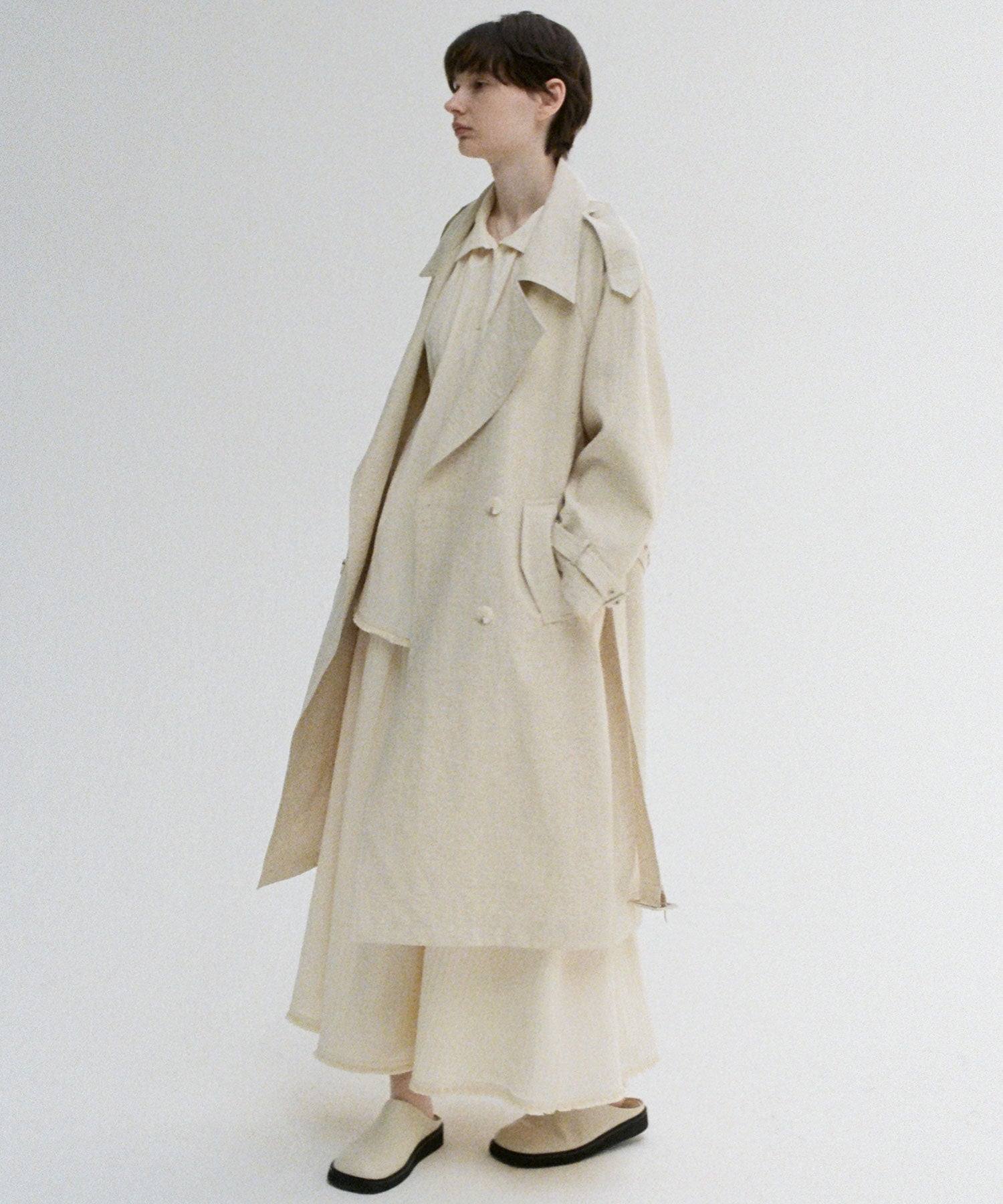 Linen Blend Double-Breasted Long Trench Coat with Epaulettes and Belt