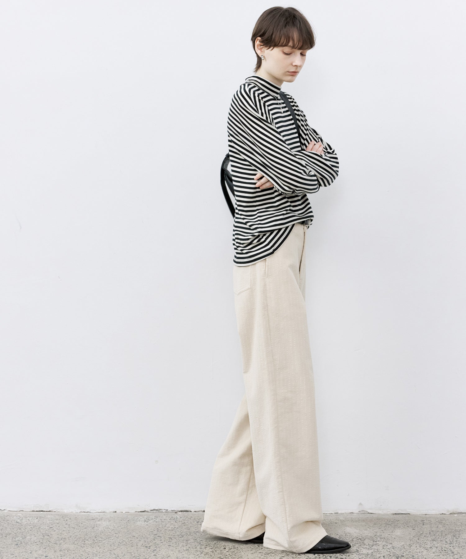 Wool Blend Striped Bihigh Neck Long Sleeve Tee