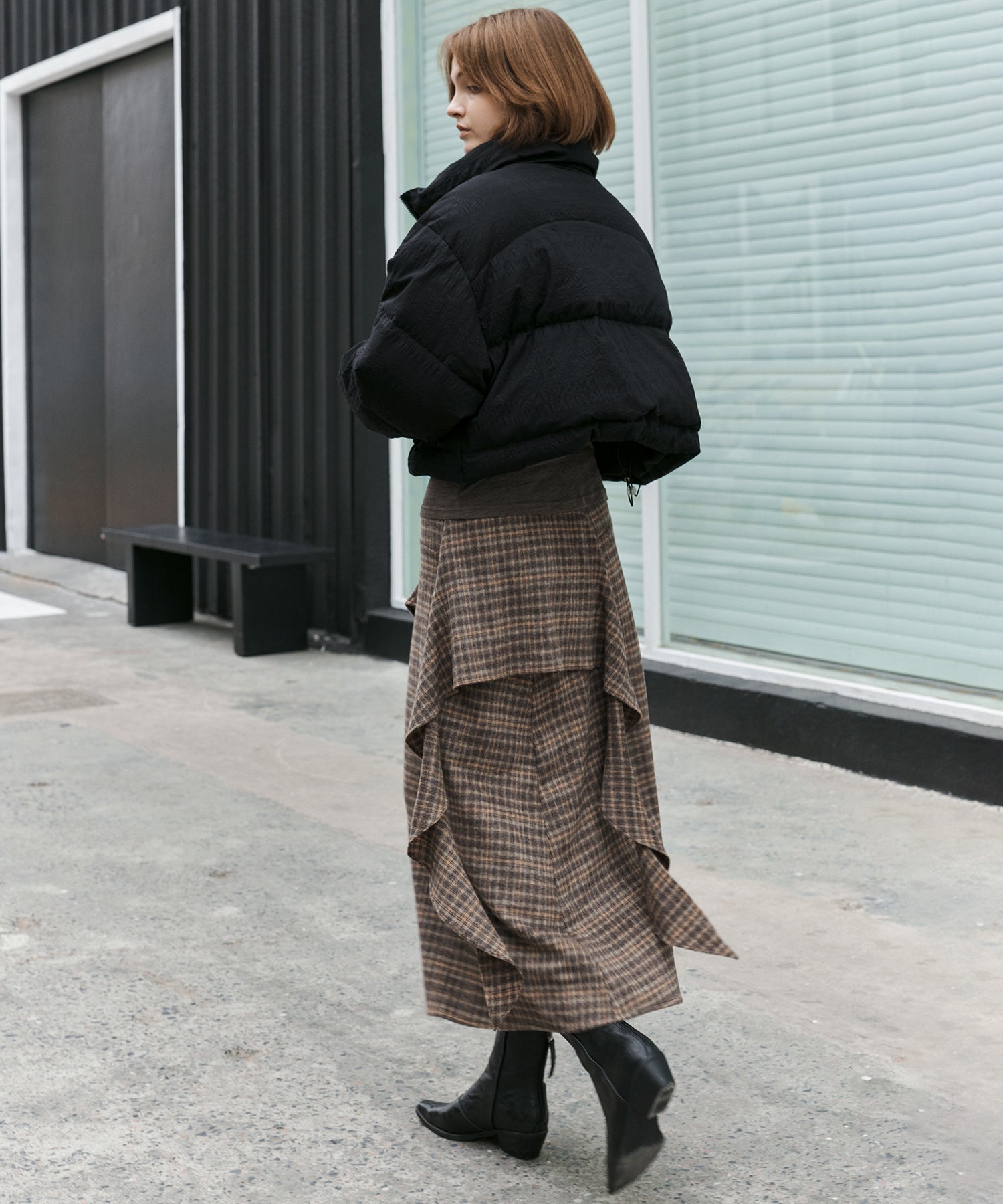Wool Blend Irregular Flake Detail Yarn-Dyed Vintage Check Brushed A-Line Midi Skirt