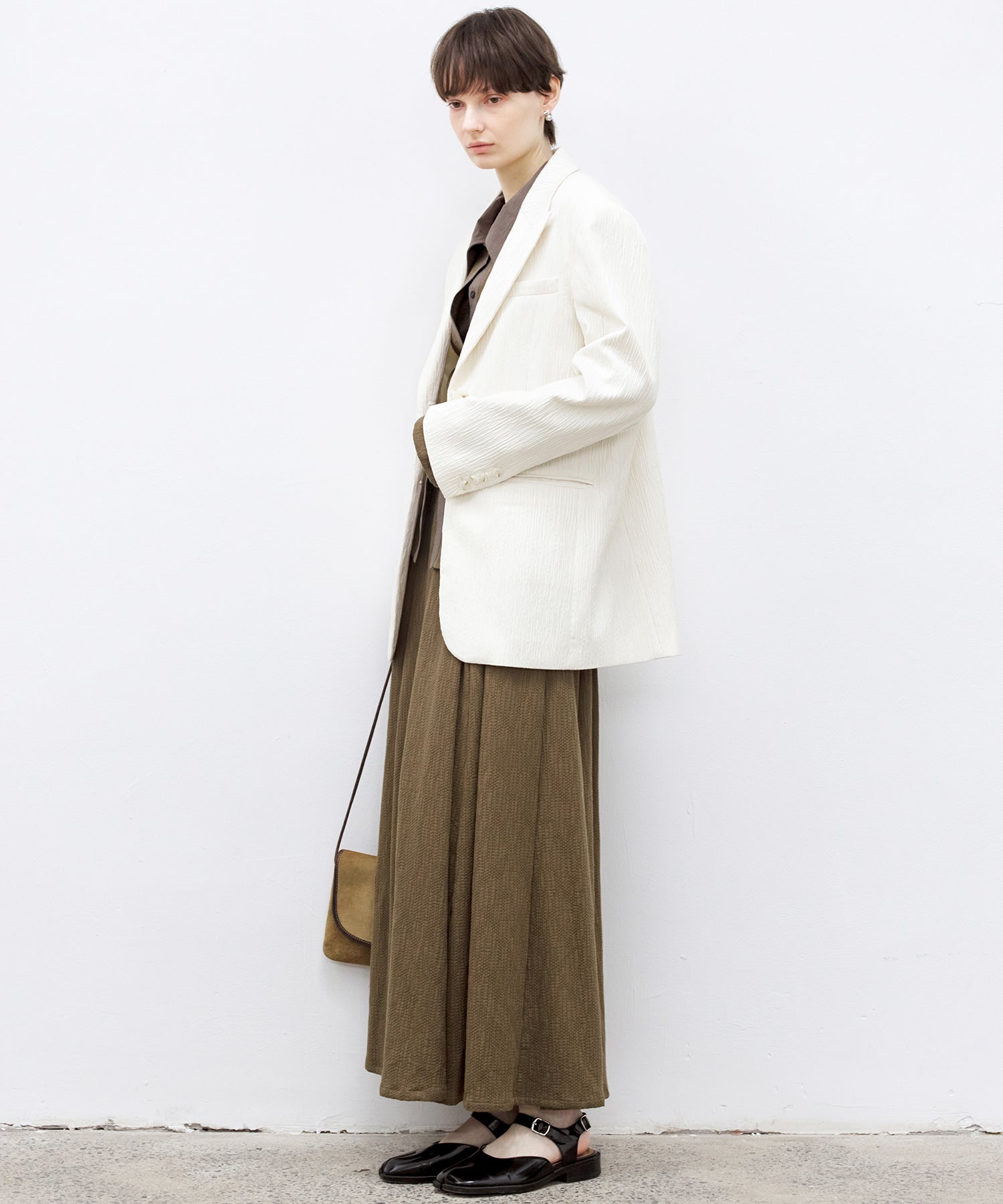 Crinkle Texture White Peak-Lapel Blazer(Shoulder Pads)