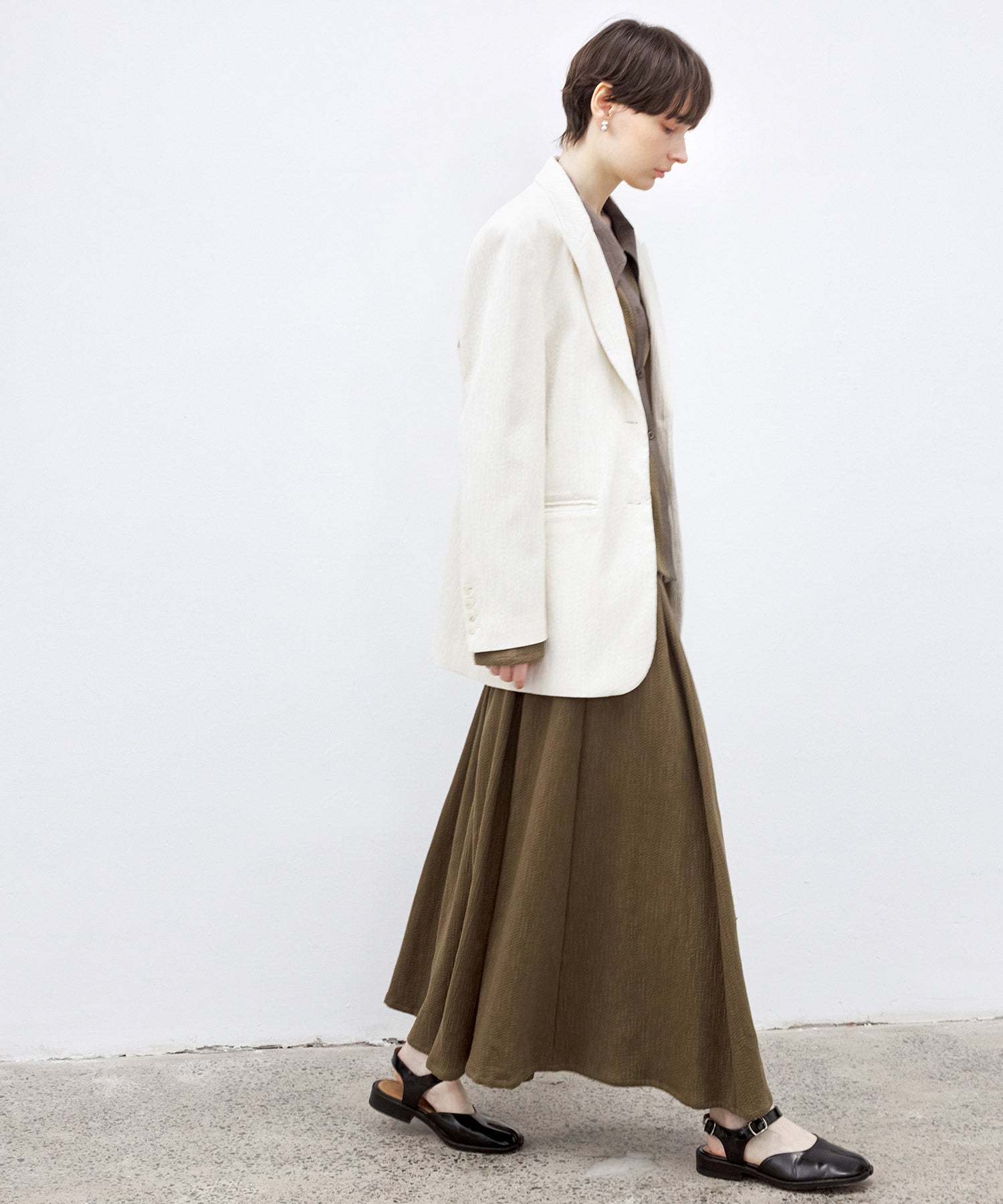 Crinkle Texture White Peak-Lapel Blazer(Shoulder Pads)