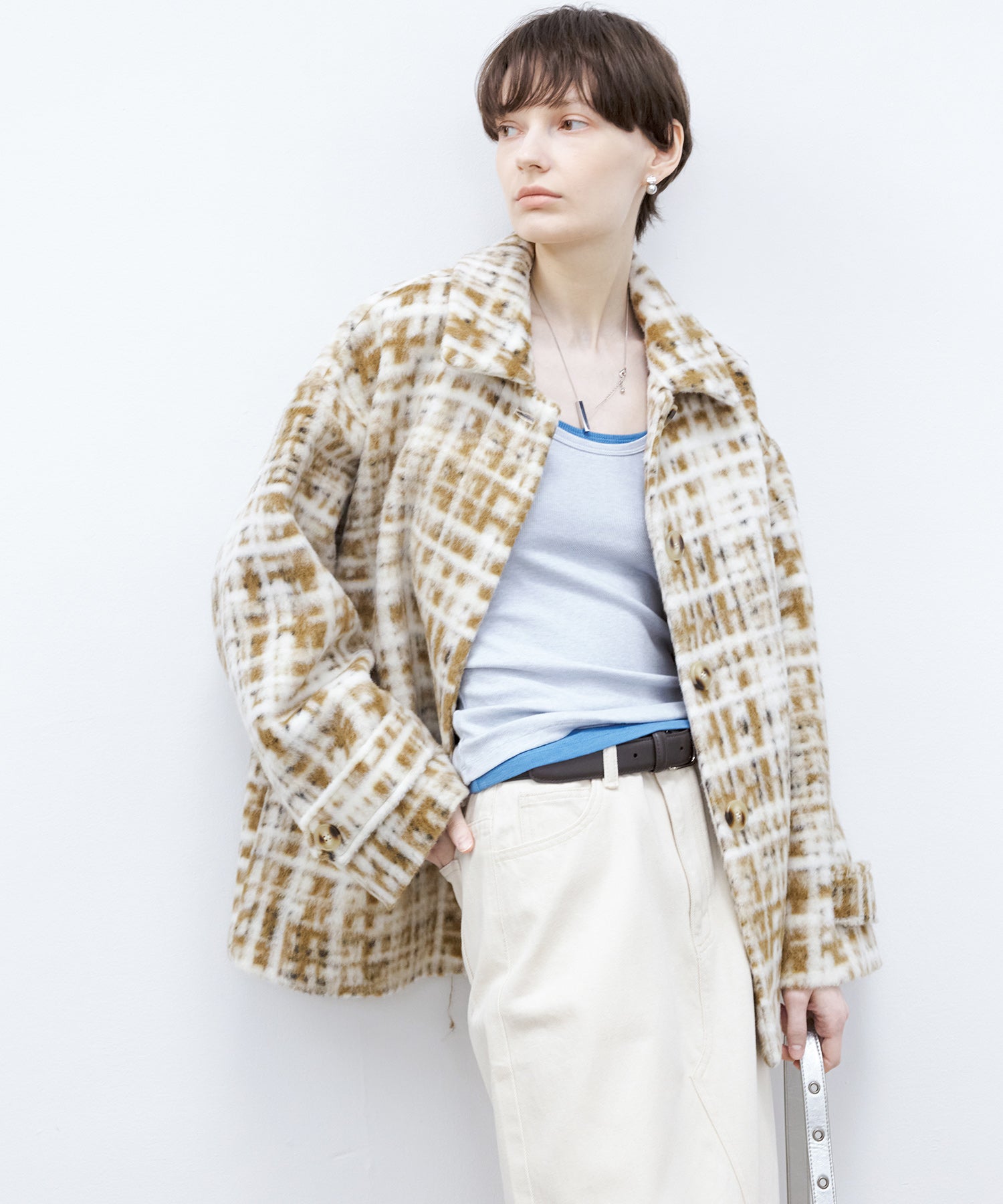 Hazy Plaid Tailored Wool Short Over-coat
