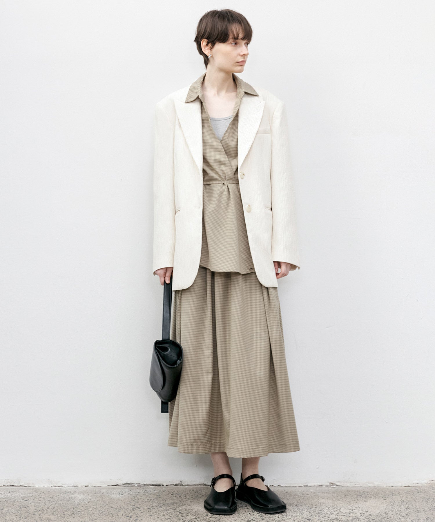 Crinkle Texture White Peak-Lapel Blazer(Shoulder Pads)