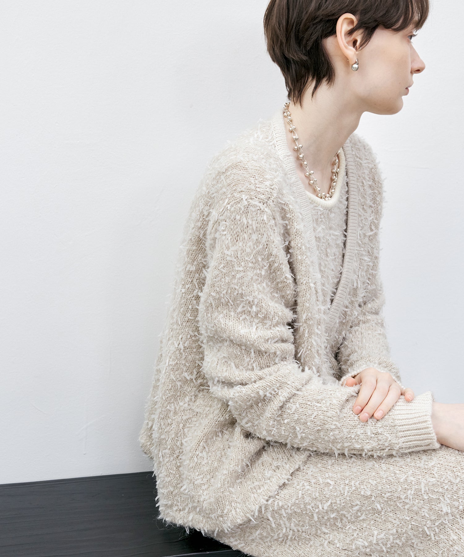 Tweed-Like V-Neck Knit Cardigan