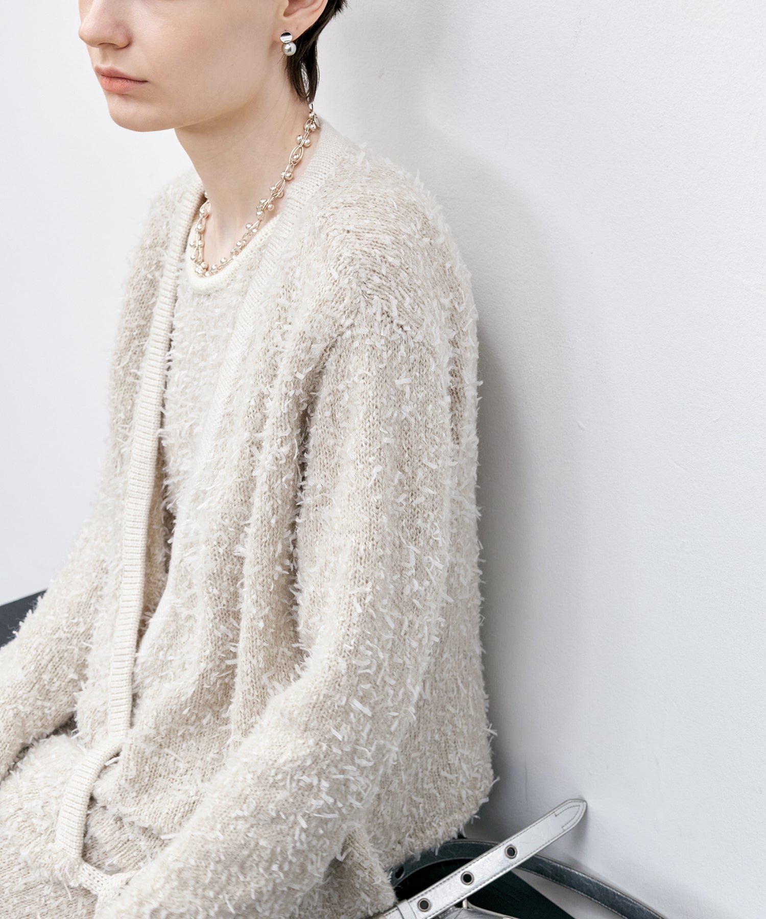Tweed-Like V-Neck Knit Cardigan