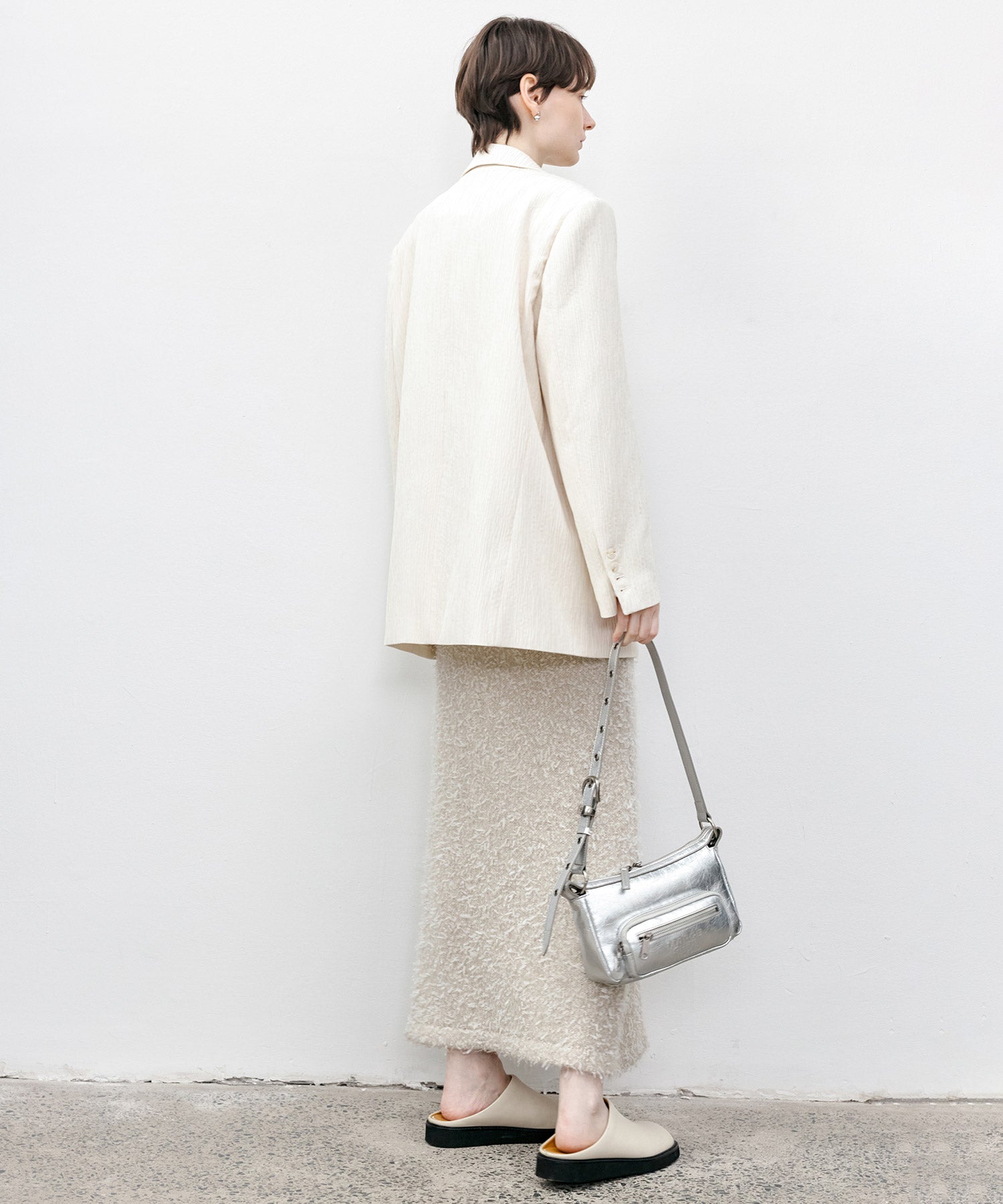 Crinkle Texture White Peak-Lapel Blazer(Shoulder Pads)