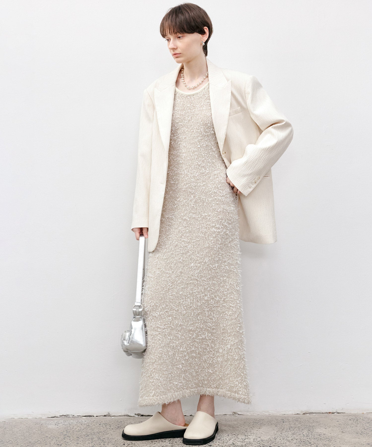 Crinkle Texture White Peak-Lapel Blazer(Shoulder Pads)