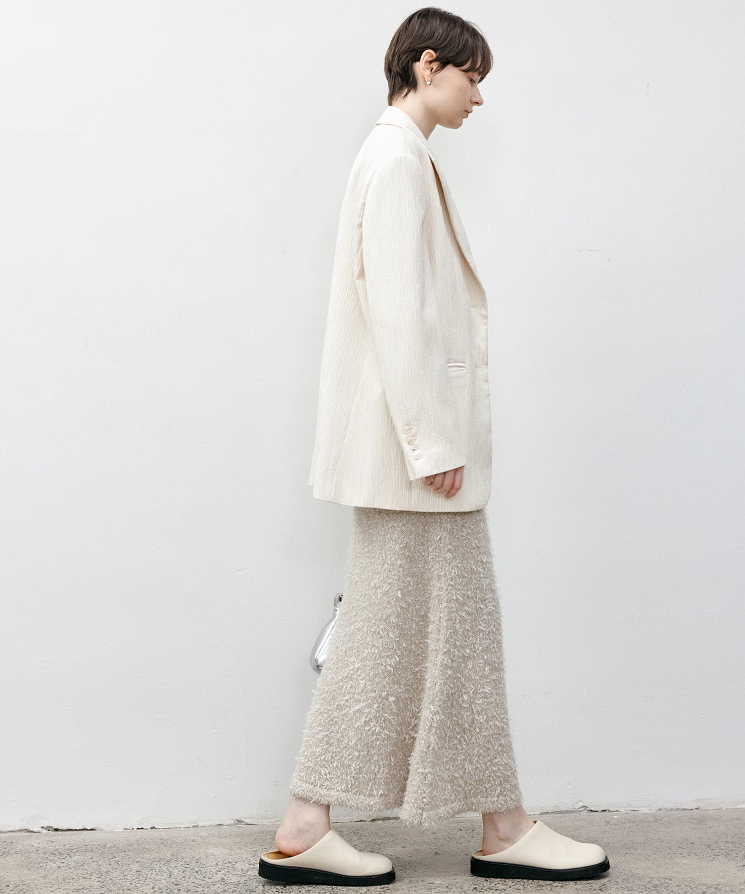 Crinkle Texture White Peak-Lapel Blazer(Shoulder Pads)