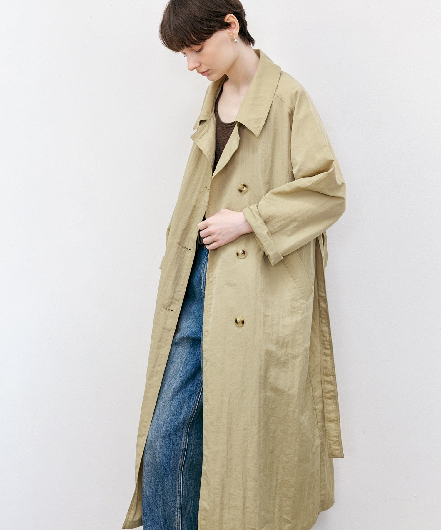 Lightweight Crinkled Fabric Longline Coat with Detachable Belt