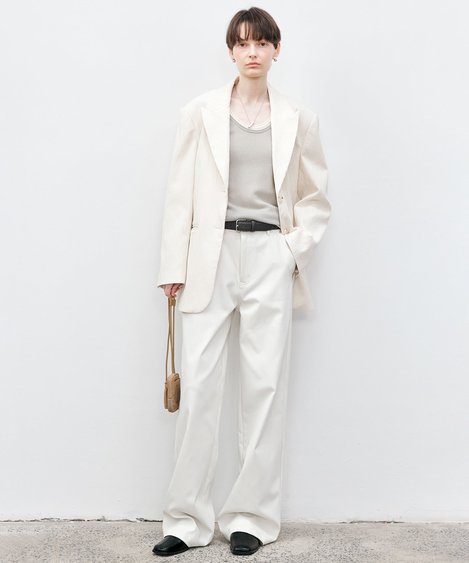 Crinkle Texture White Peak-Lapel Blazer(Shoulder Pads)