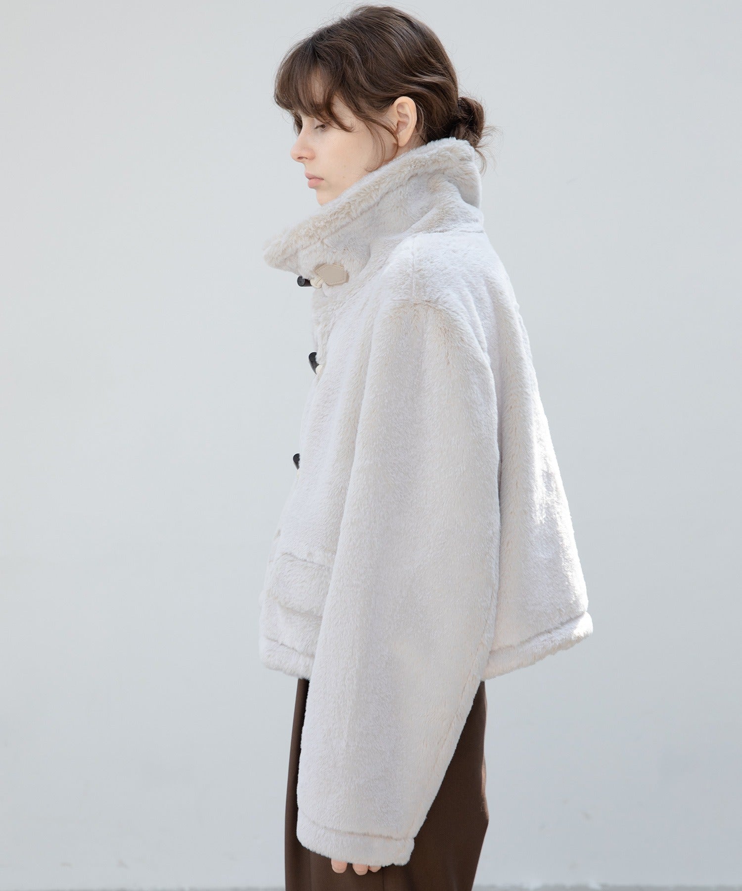 High Neck Short Duffle Coat with Faux Fur Trim