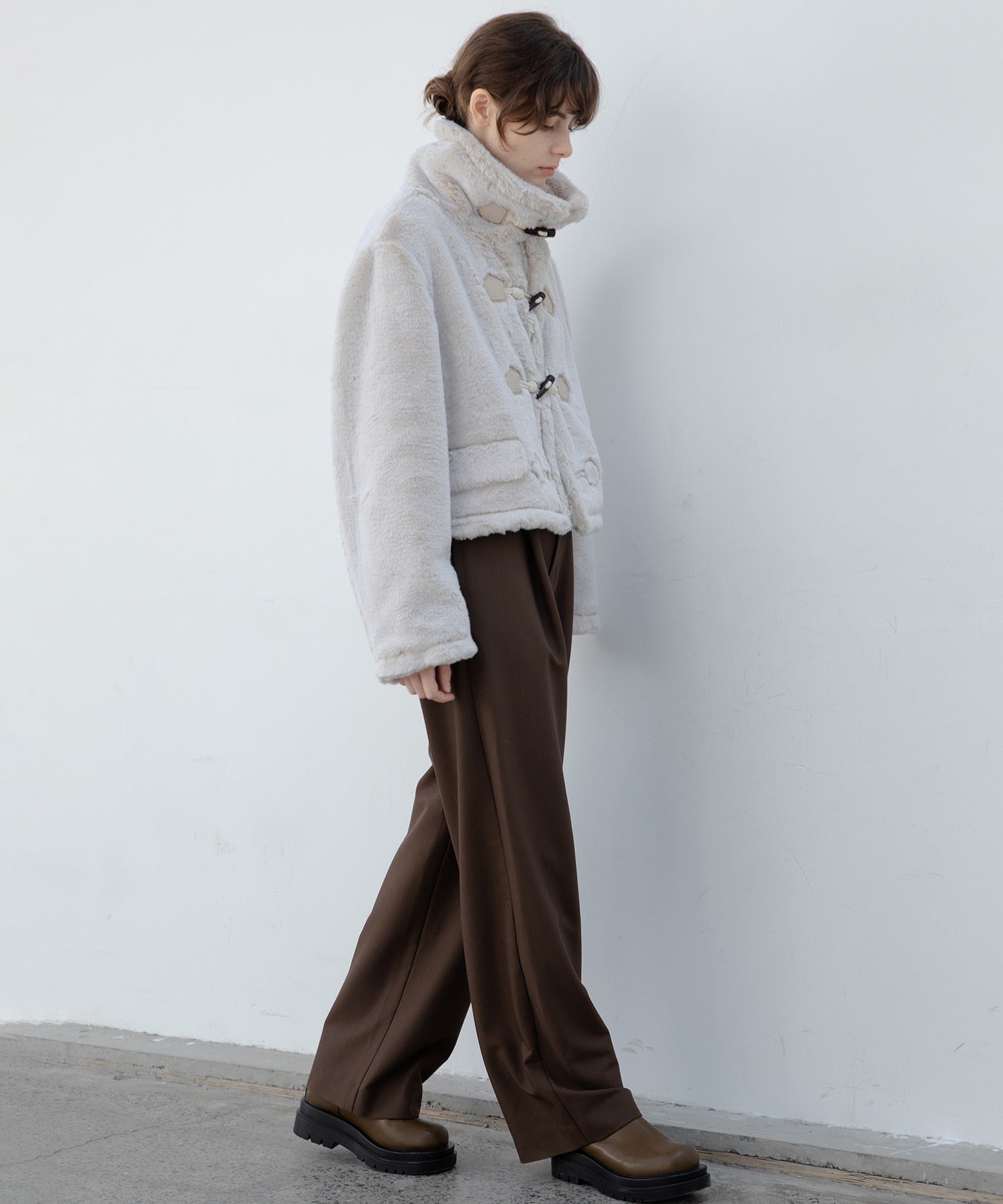 High Neck Short Duffle Coat with Faux Fur Trim