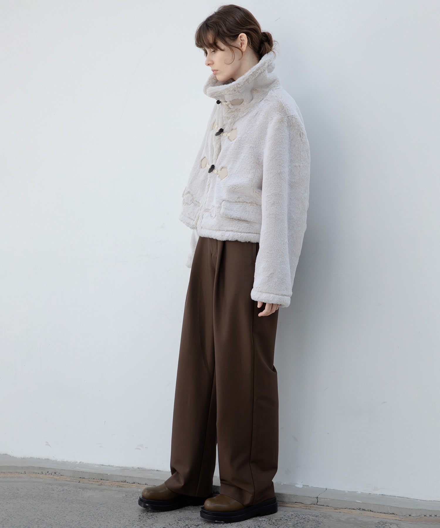 High Neck Short Duffle Coat with Faux Fur Trim