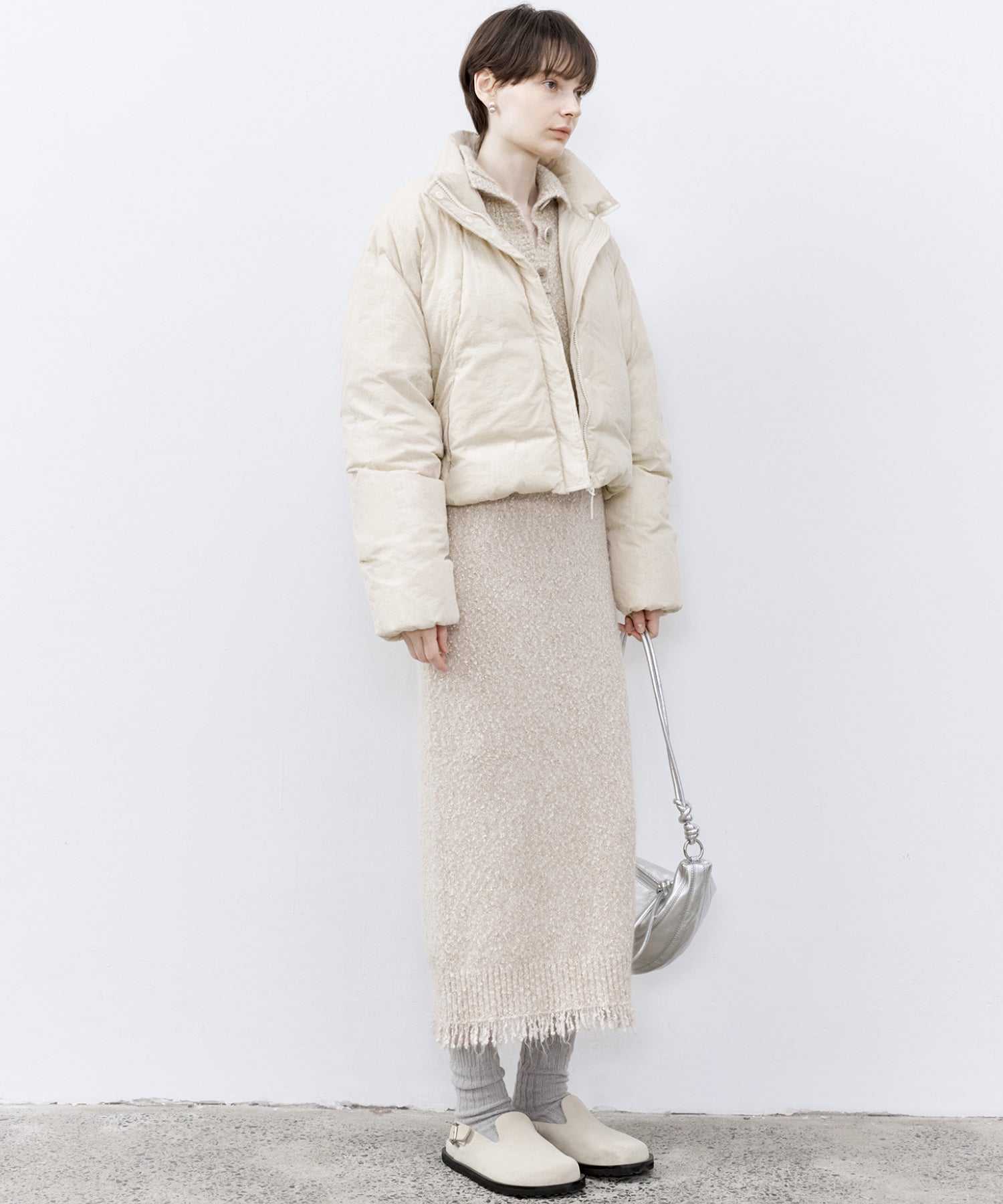 Tweed Like Knit Shirt Dress with Fringe Details