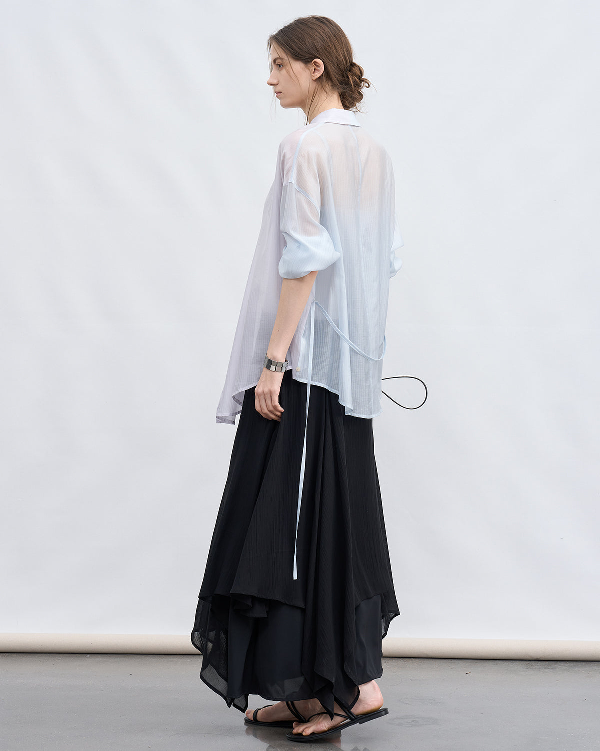 Bi-color Asymmetric Neck Sheer Shirt