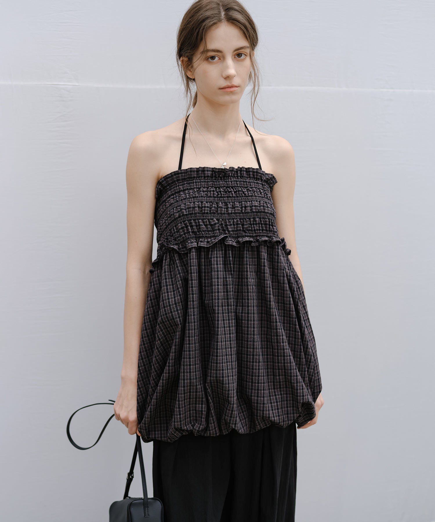 "Shipping from late February to early March" 2-way Smocked Check Bubble Skirt