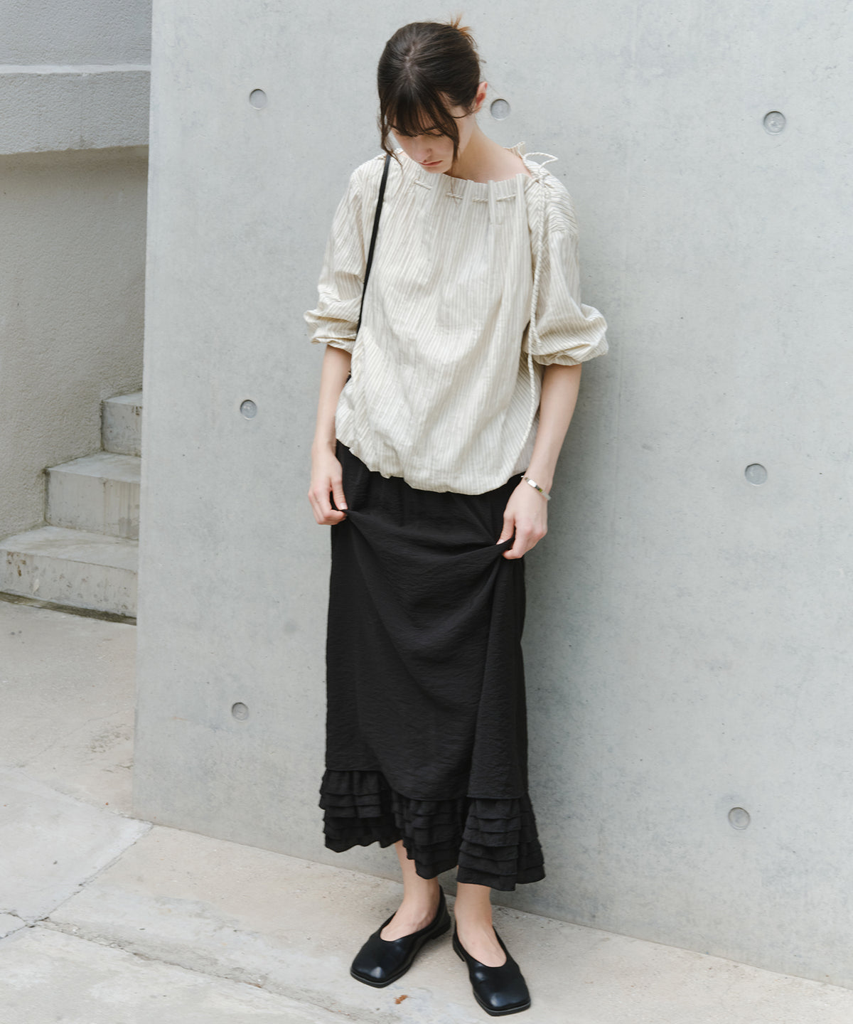 Asymmetric Off-Shoulder Drawstring Stripe Blouse