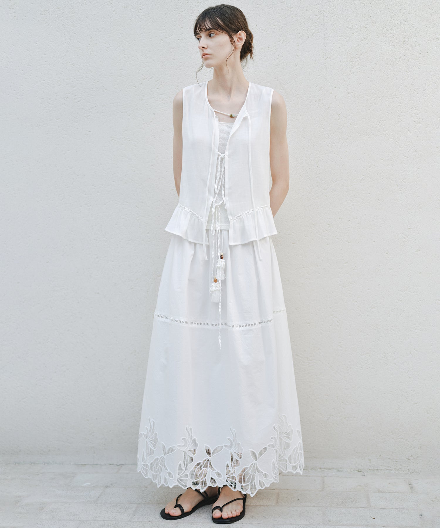「8月中旬~下旬出荷」Cutwork Embroidery Drawstring Long Skirt