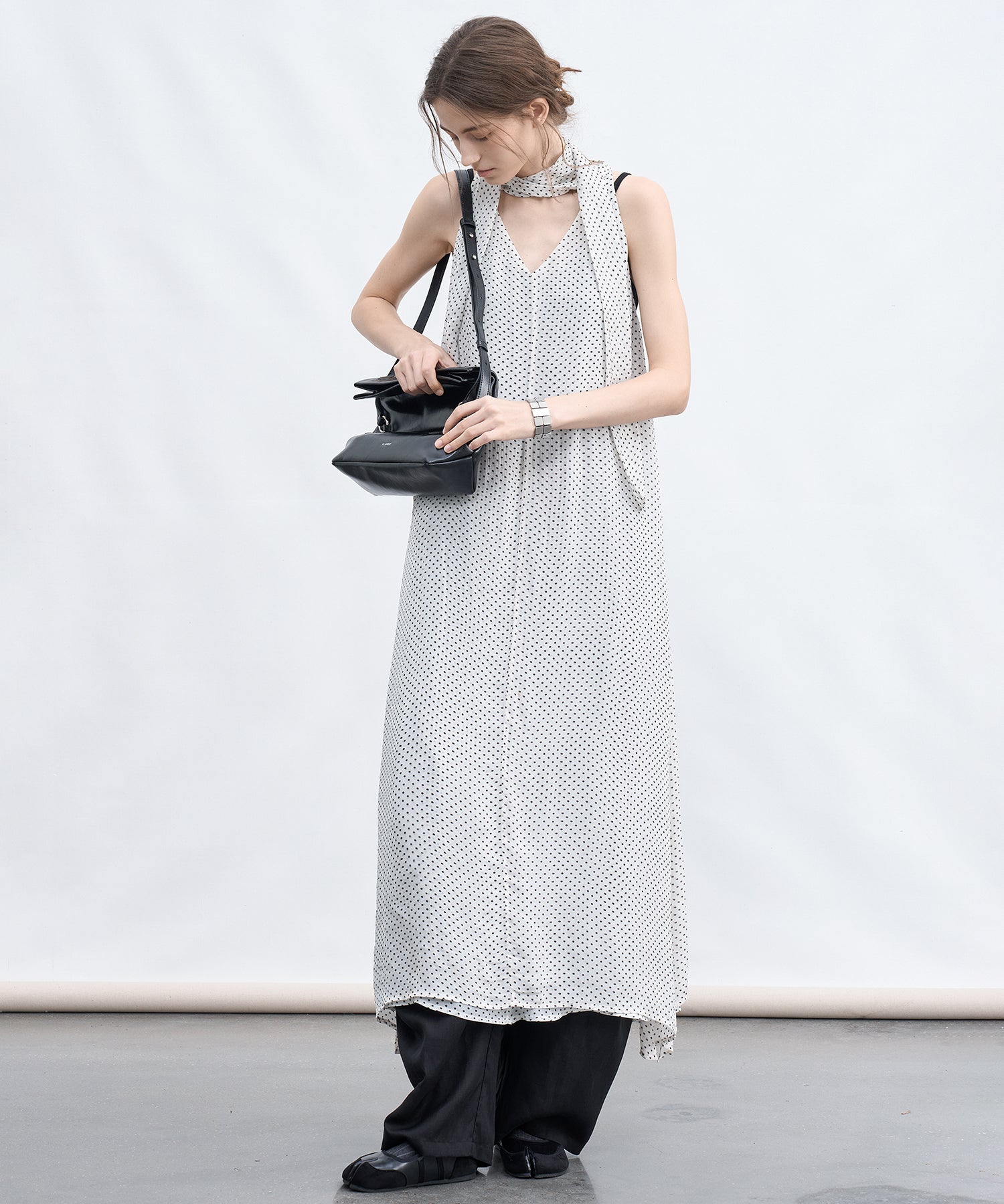 Dot Scarf Detail V-Neck Dress