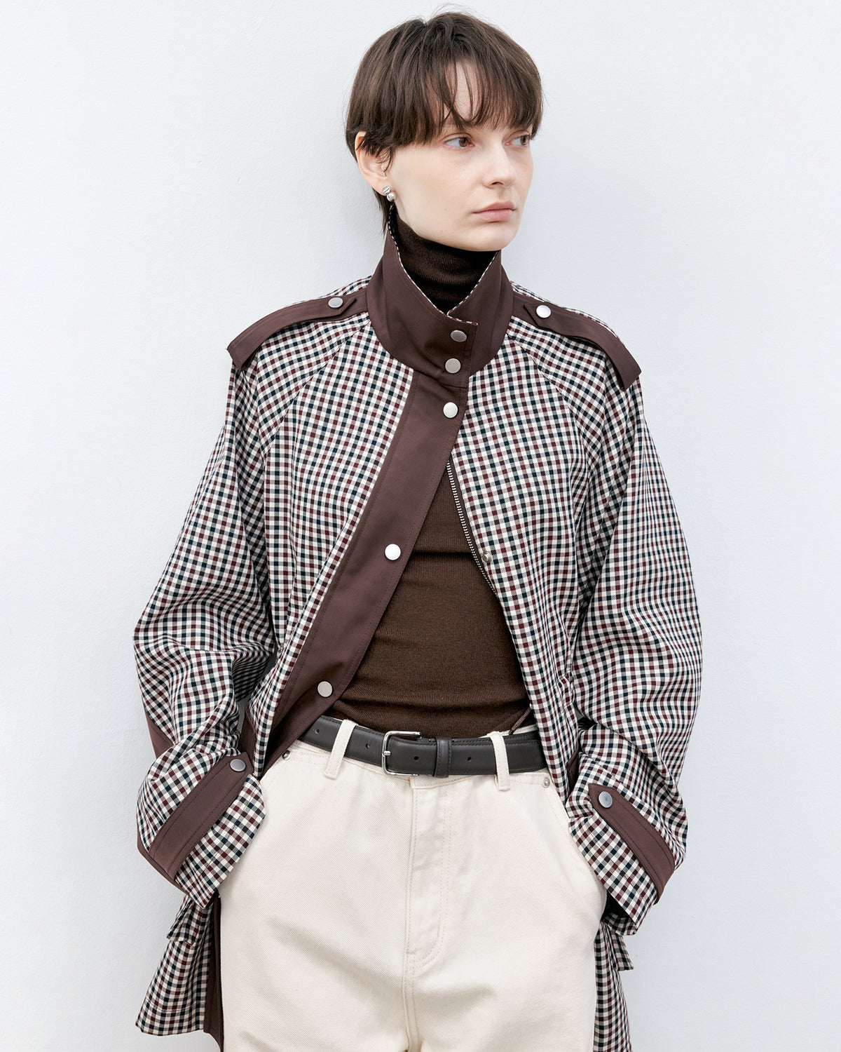 Contrast Panel Checkered Mid-Length Jacket