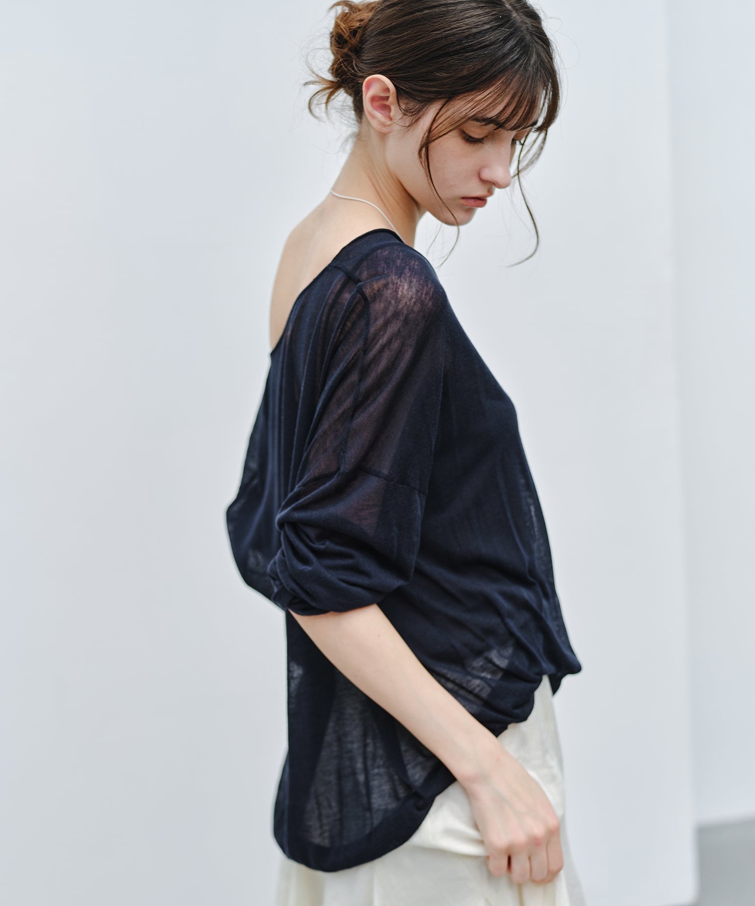 「9月下旬出荷予定」Drape Neck Sheer Loose Knit Top