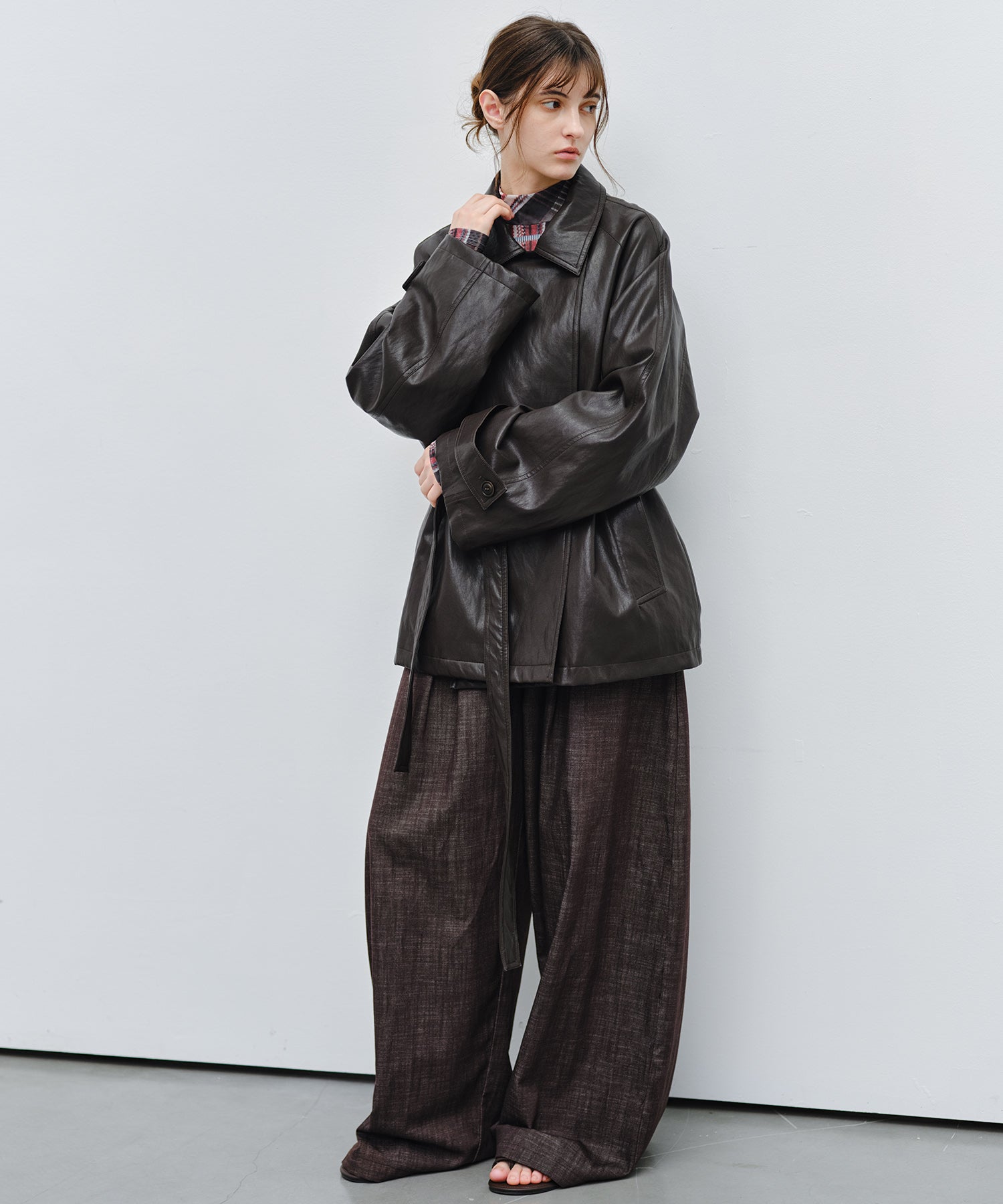「9月下旬出荷予定」Belted Faux Leather Short Trench Jacket